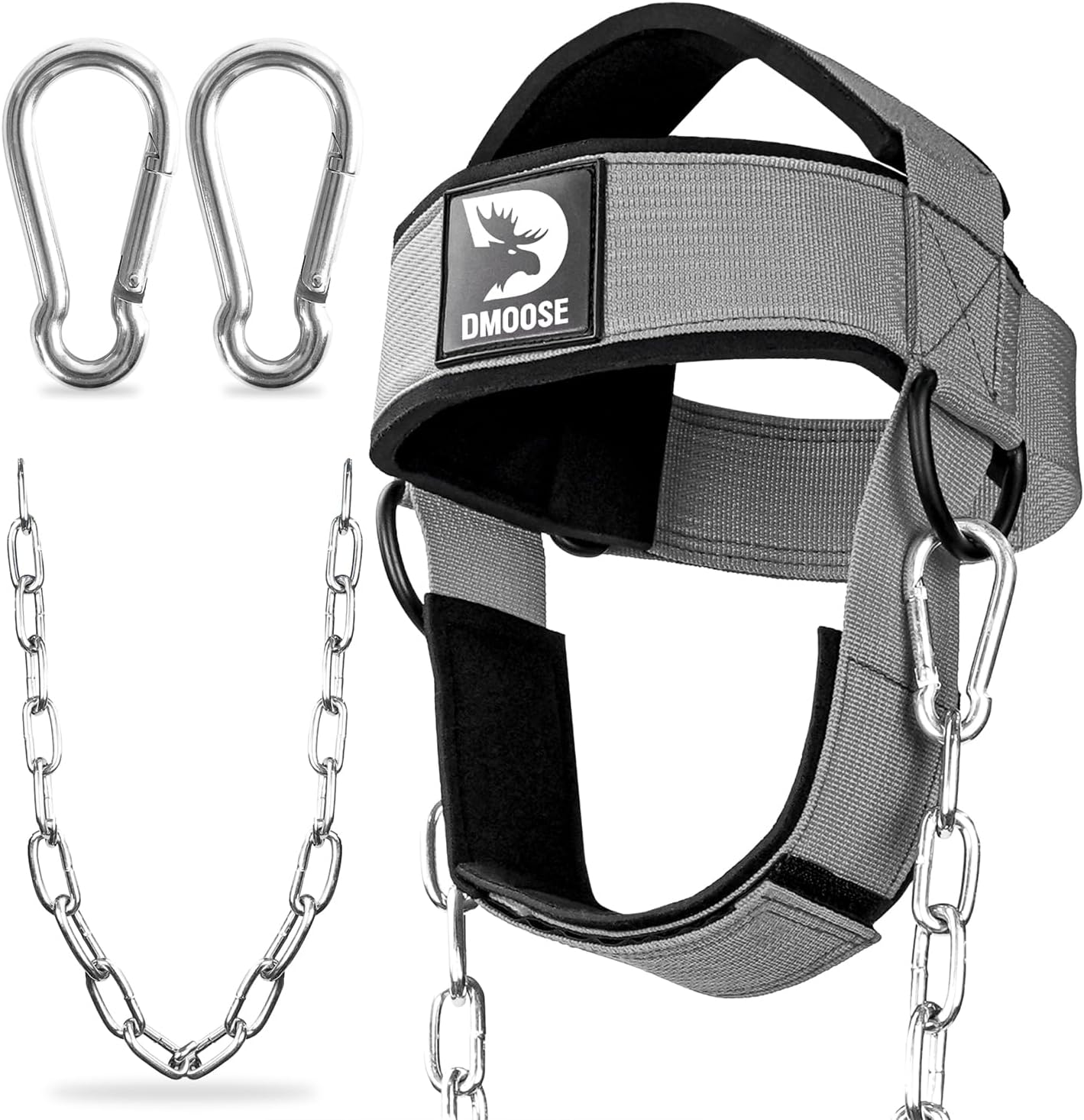 DMoose Fitness Neck Harness for Weight Lifting - Adjustable Head & Chin Strap with 30" Heavy Duty Steel Chain - Neck Exerciser, Trainer & Strengthener & Intense Workouts