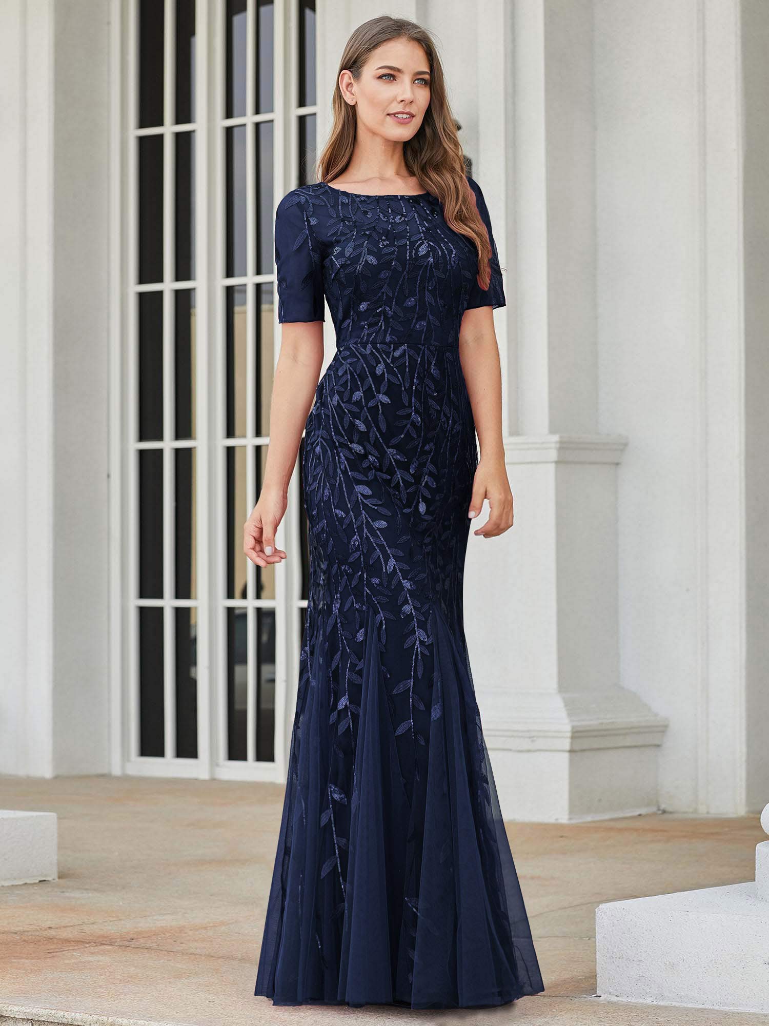 Ever-Pretty Elegante vestido de noche de sirena de manga corta con cuello redondo bordado de lentejuelas 07707