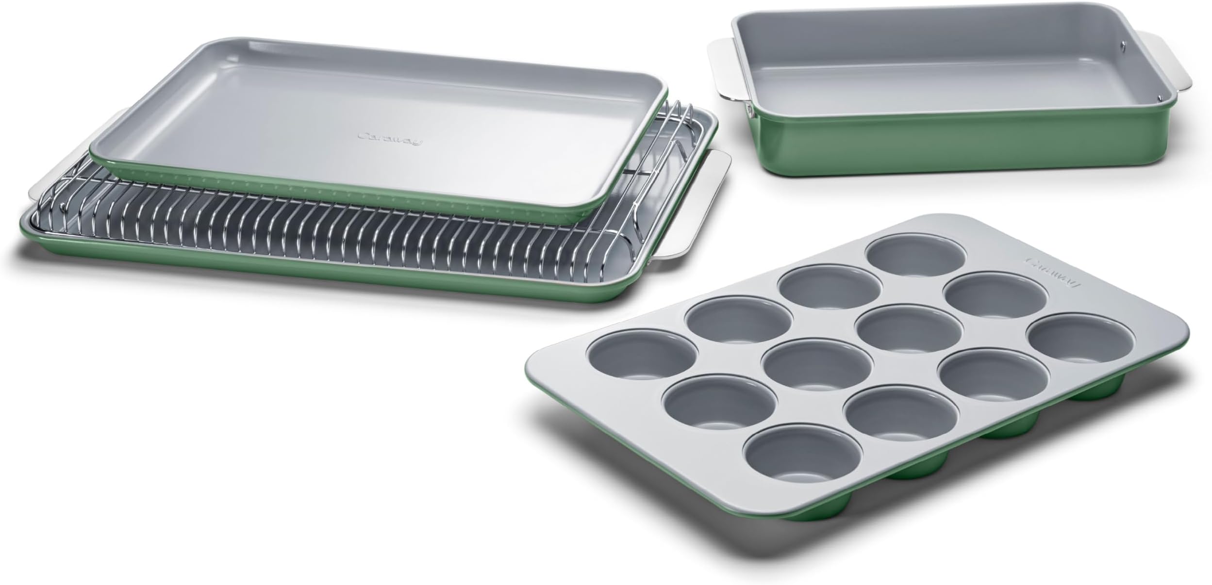 Nonstick Ceramic Bakeware Set (5 Pieces) - Baking Sheets, Assorted Baking Pans & Storage - Aluminized Steel Body - Non Toxic, PTFE & PFOA Free - Sage