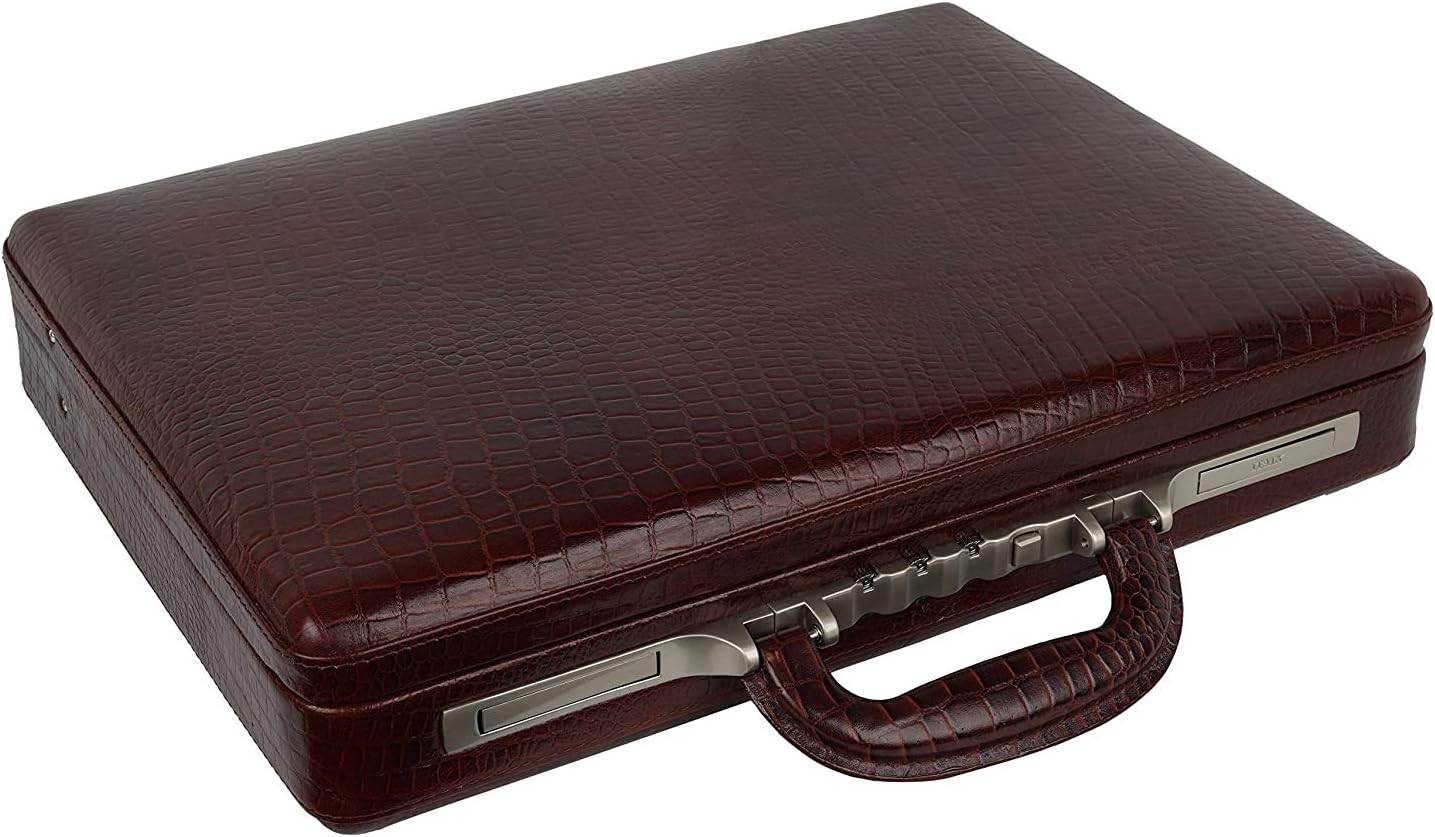 Men's Leather Briefcase Bag 15.6'' 18 L Laptop Compartment with Expandable Features High Security Italian Number Lock Combo (Brown)