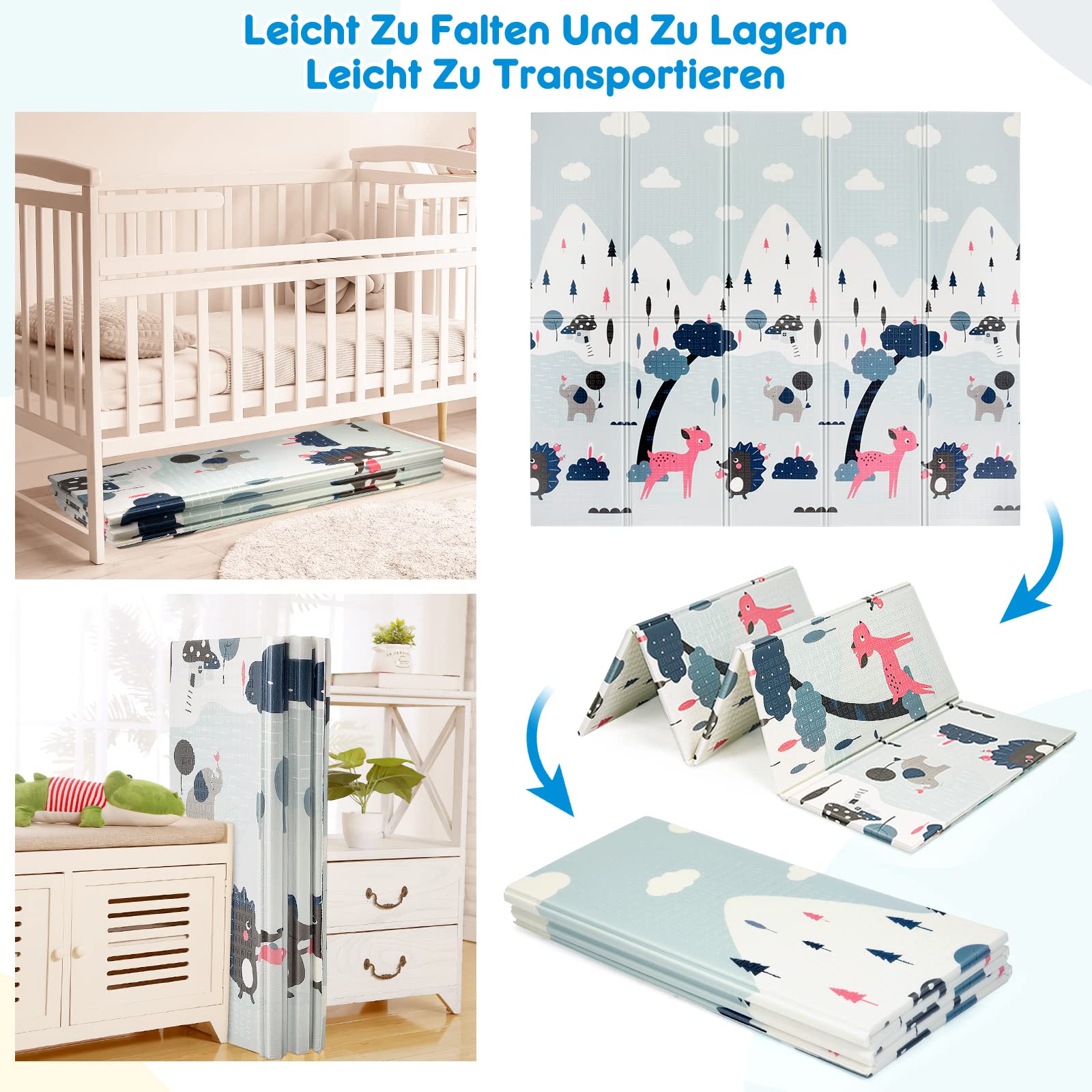 Aiious Tappeto Gioco Bambini Pieghevole, 180x200 Tappeto Neonato Gattonamento, Bifacciale Antiscivolo e Impermeabile Tappeto Neonato da Gioco in Schiuma XPE Tappeto Bambini Tappeto Gioco Neonato