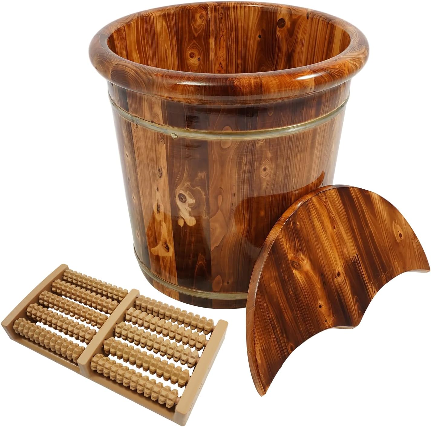 Wooden Foot Bath Bucket, 15.75 Inch Natural Solid Wood Foot Soaking Tub with Stool & Lid, Large Capacity Foot Soaking Bucket with Excellent Heat Retention for at-Home Spa (Brown)