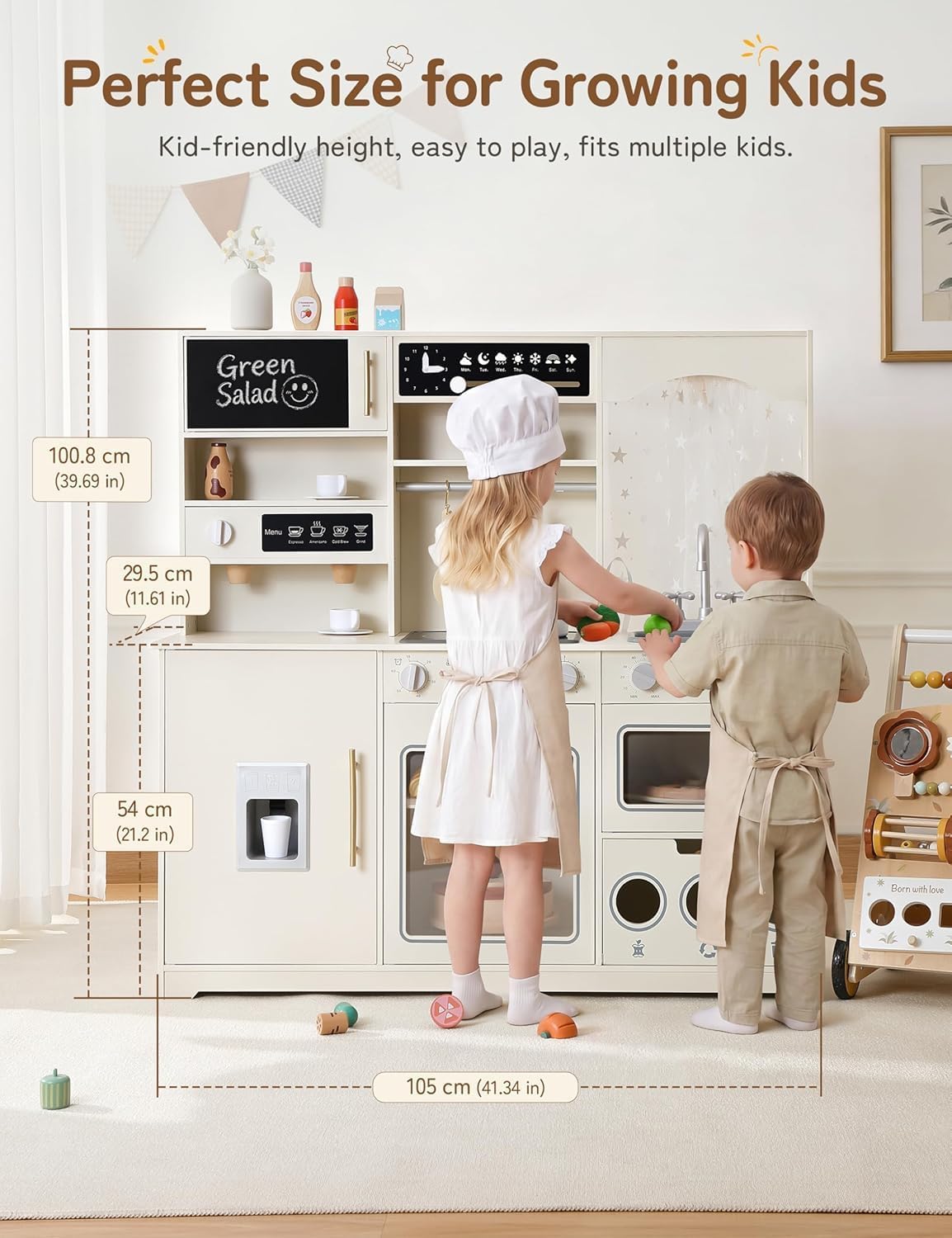 besrey Cucina Giocattolo per Bambini in Legno 105cm con Luci e Suoni, Beige | Con microonde, dispenser di ghiaccio e area per la raccolta differenziata; ampio spazio per giocare insieme dai 3 anni