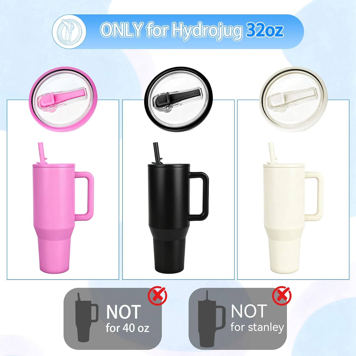 32oz Flip Straw Lid for HydroJug Traveler, Leak Proof Top Cap Replacement for HydroJug Tumbler, BPA-Free Dishwasher Safe Leak Resistant Cap with 4 Straws, Lids Accessories for Hydro Jug, Cream*2 - Image 2