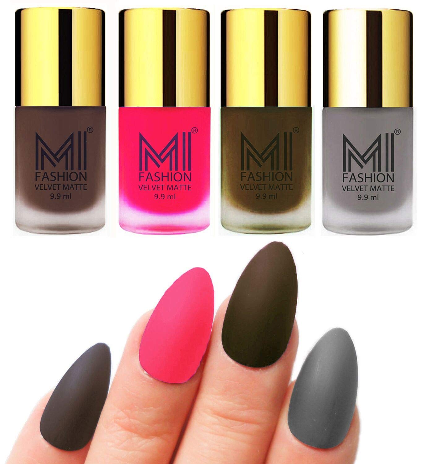 MI FASHION Velvet Matte Nail Polish Set Lacquer And Highly Pigmented Intsense Color 9.9mlCoffee, Neon Pink, Olive Brown, Grey (Pack Of-4)-image-30