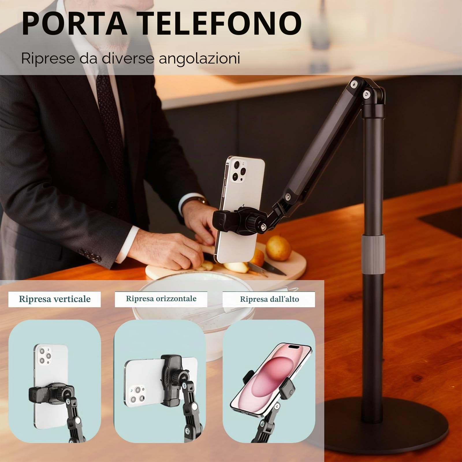 Supporto per Smartphone da Scrivania, Supporto per Cellulare da Tavolo Réglable a 360°, Supporto Telefono in Metallo per Live e Video, Videoconferenza