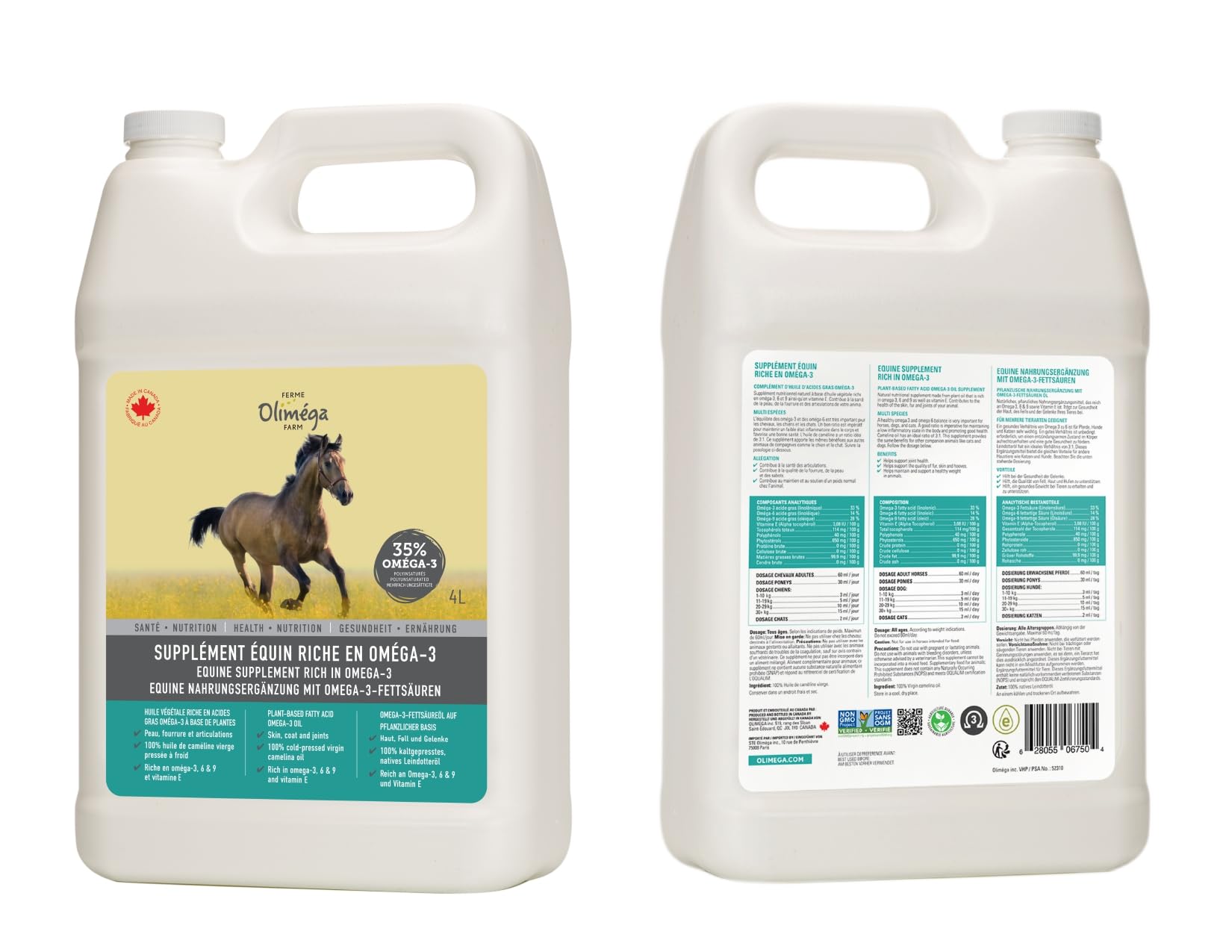 Ferme Oliméga, Huile de Caméline pour Chevaux 4L, Riche en oméga-3 polyinsaturés, Vitamine E, Pure et Pressée à Froid. Articulation Produit du Canada.
