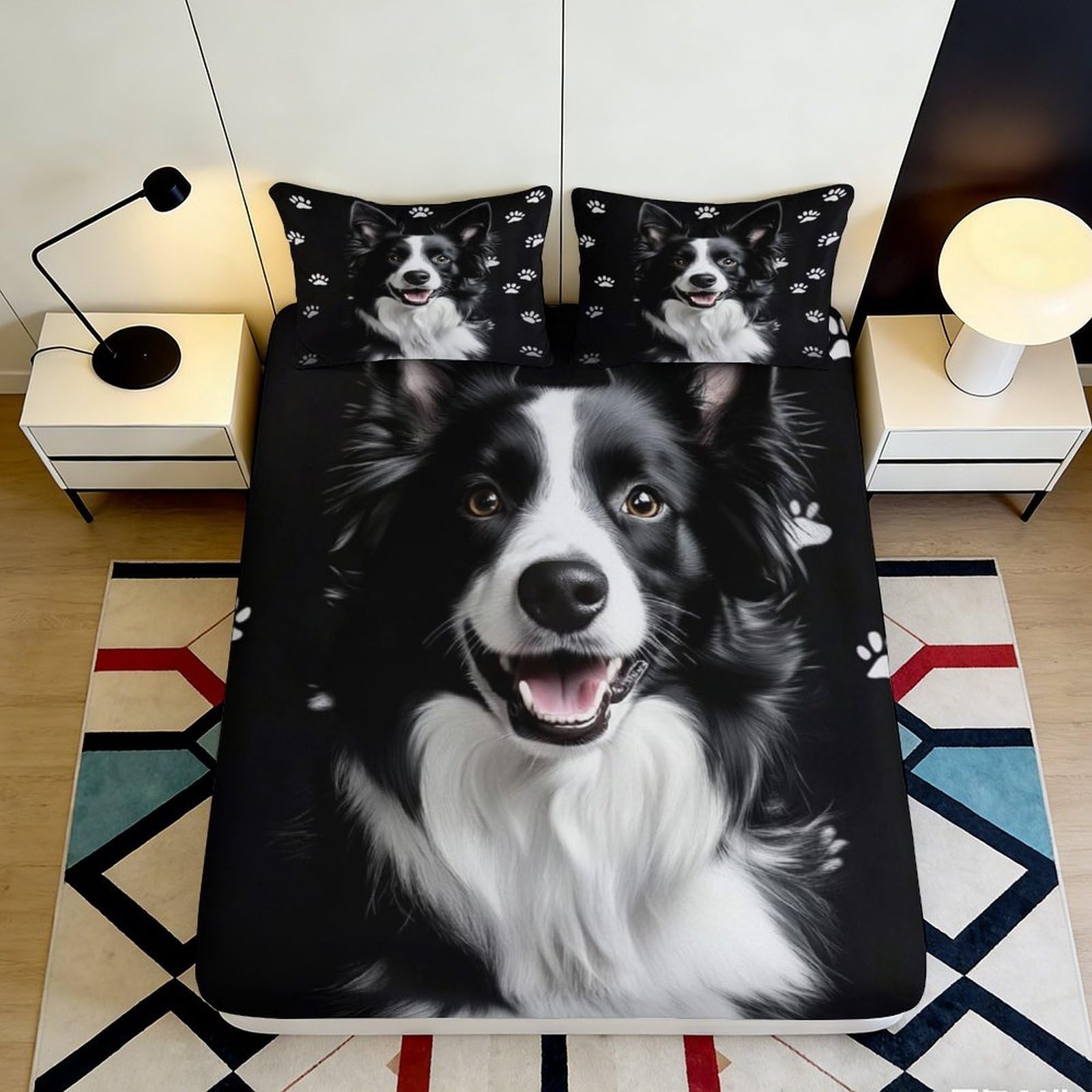 3D Printed Border Collie Fitted Sheet Microfiber Soft Breathable Dog Pattern Bed Cover for Bedroom Guest Room Decor 90x200x25cm