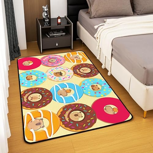 Miniatura 4 de Capybara - Alfombra decorativa de 5 x 7 pies para niños y niñas, diseño de donas, animales kawaii, encantador, para sala de estar, decoración de