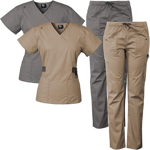 Medgear Paquete de 2 conjuntos de ropa quirúrgica de 12 bolsillos para mujer con detalle de broche plateado y ribete de contraste