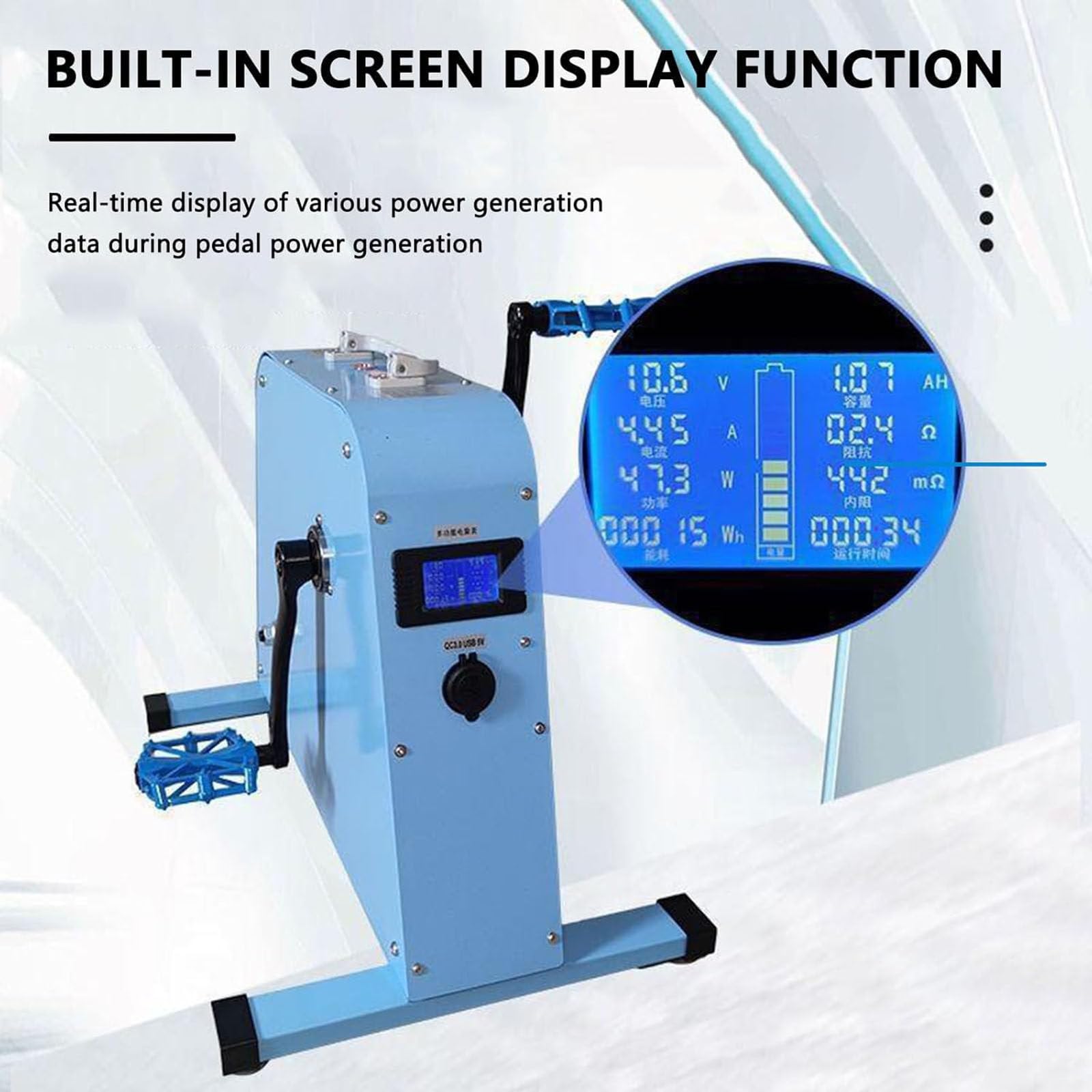 Generator pedałów 350 W, generator prądu z korbą ręczną, wyjście USB 5 V/12 V/48 V, z super jasnym światłem i wyświetlaczem ekranu