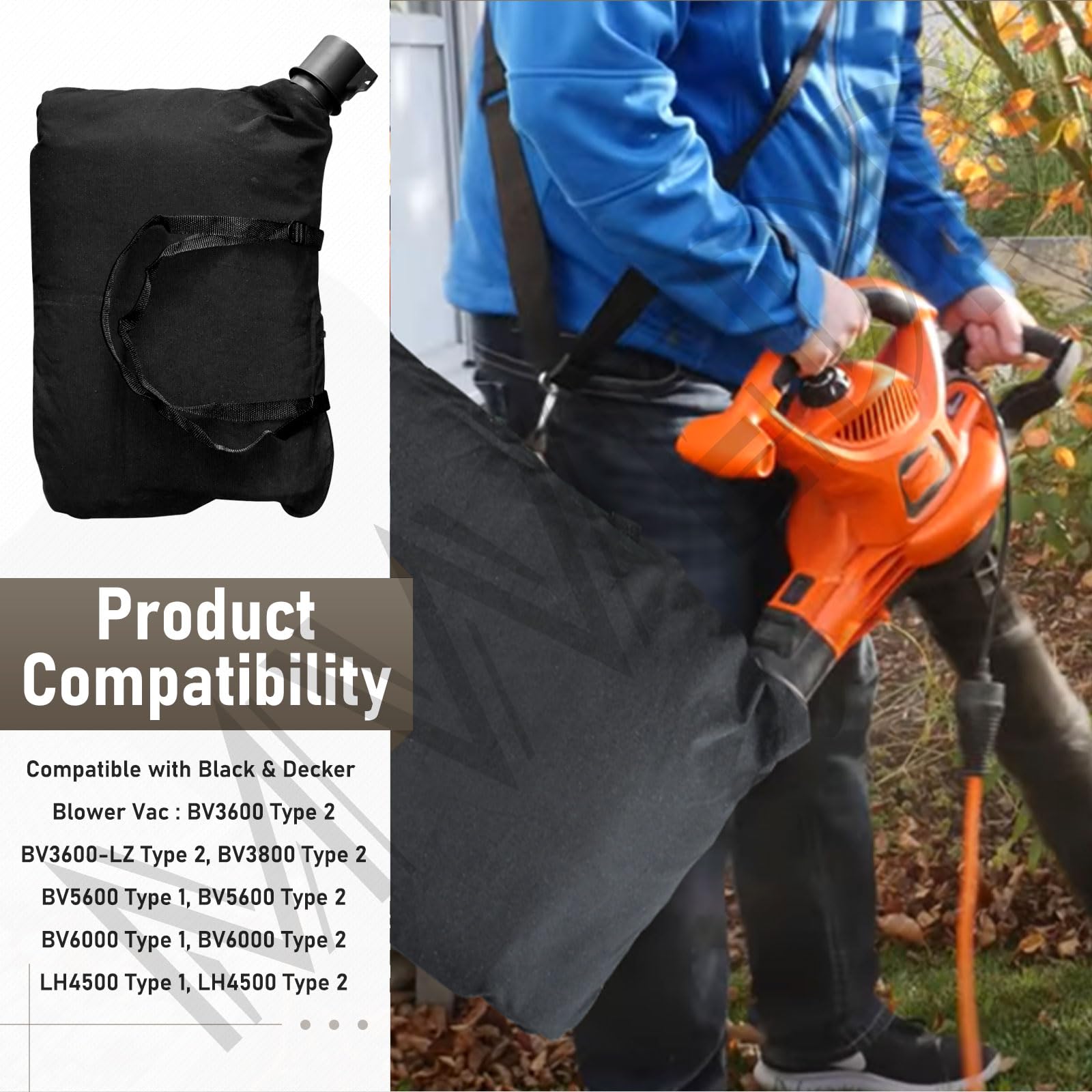 90560020-01 Sac à bandoulière pour souffleur de Feuilles Compatible avec Black & Decker 90560020 90539053 Blower Vac Model BV3600 BV3800 BV5600 BV6000 LH4500