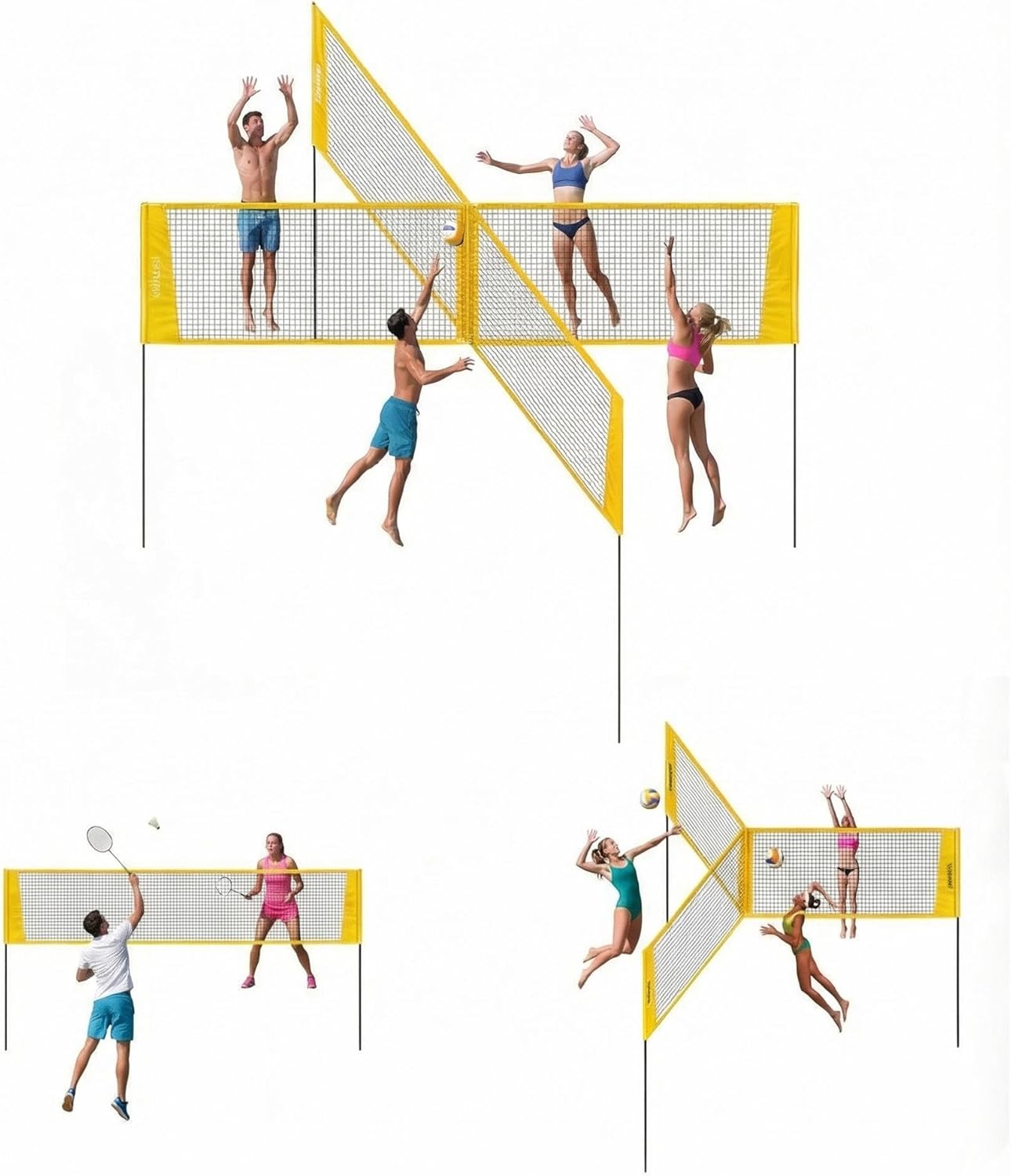 4 Square Volleyball and Badminton Game Net,Outdoor 14FT 4 Way Volleyball Training Net with Ball, Pump, Hammer & Bag for Backyard, Beach, Lawn-Family & Youth Game Set