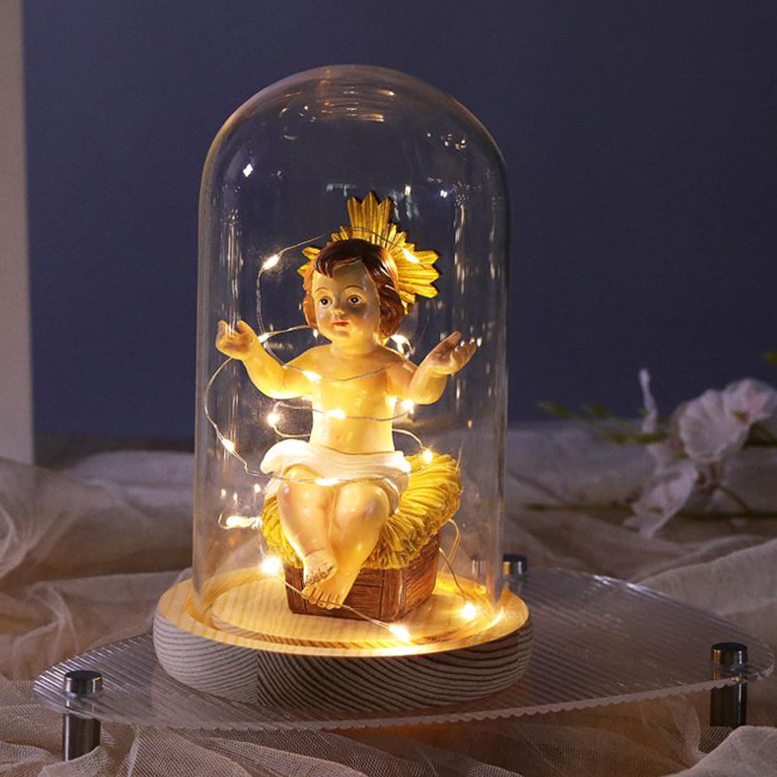 Figurka Baby Jesus, świecąca figurka Jezusa z żywicy w żłobie, ze światłem, świecąca szopka bożonarodzeniowa, dekoracja do domu, biura, na święta, Boże Narodzenie, wierzących chrześcijańskich