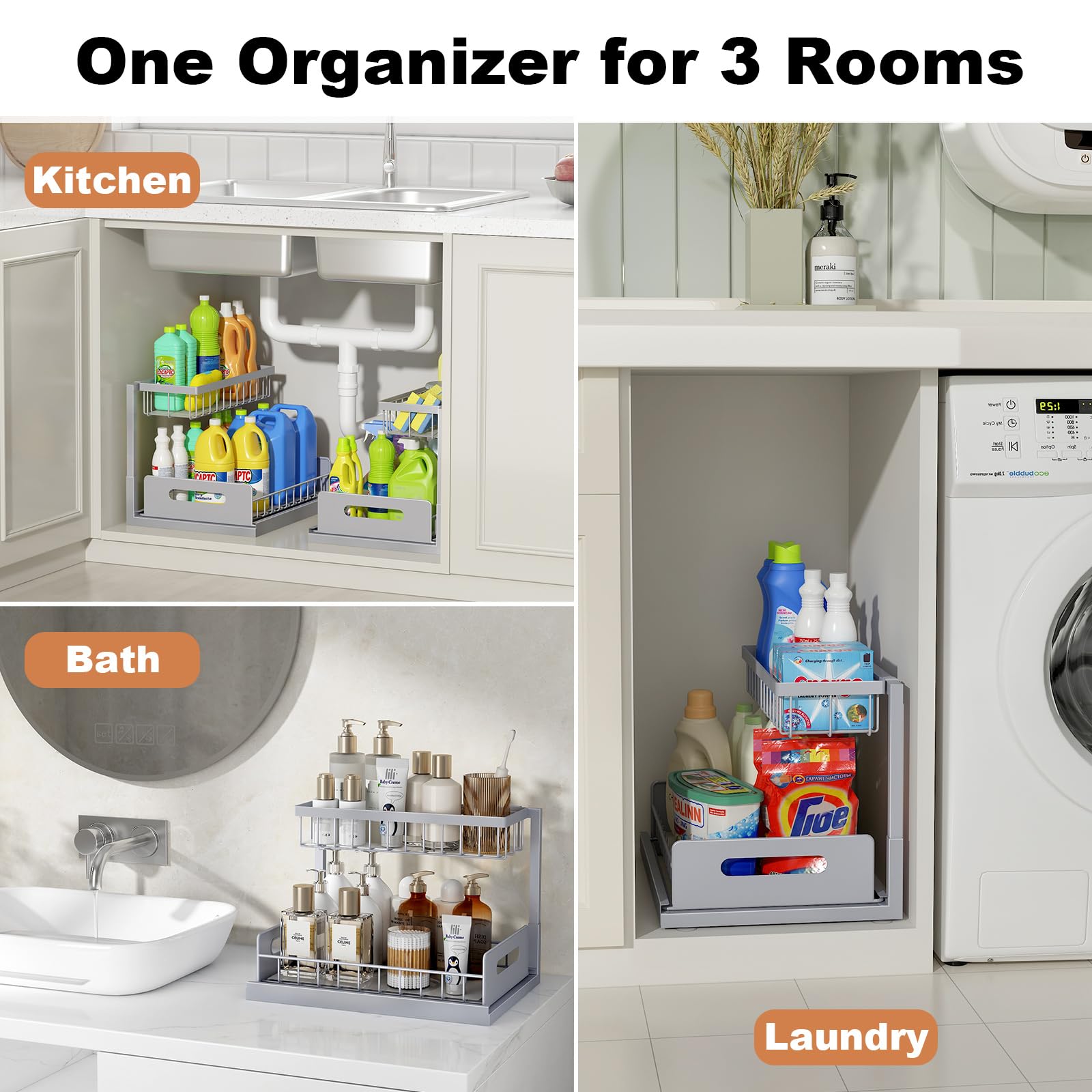 REALINN Organizzatore sotto il lavandino, organizer estraibile per armadietto, a 2 livelli, ripiano per lavello da cucina, bagno, grigio, 1 confezione