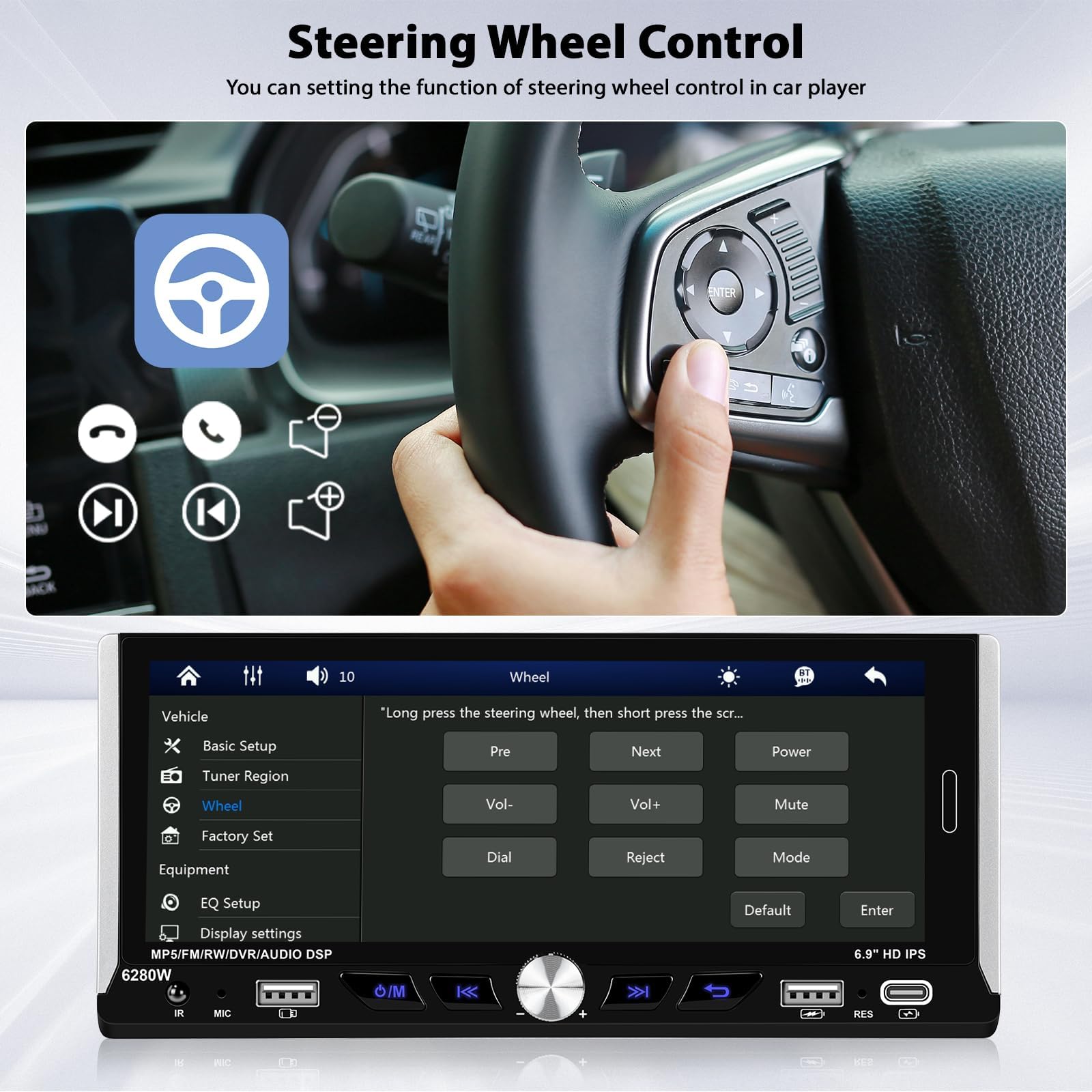 Inefala Bluetooth Car Stereo 1 Din kompatybilny z bezprzewodowym Carplay Android Auto 6,9-calowy ekran dotykowy Samochodowy zestaw stereo obsługuje Bluetooth/Mirror Link/Radio FM RDS/USB/EQ/Type-C
