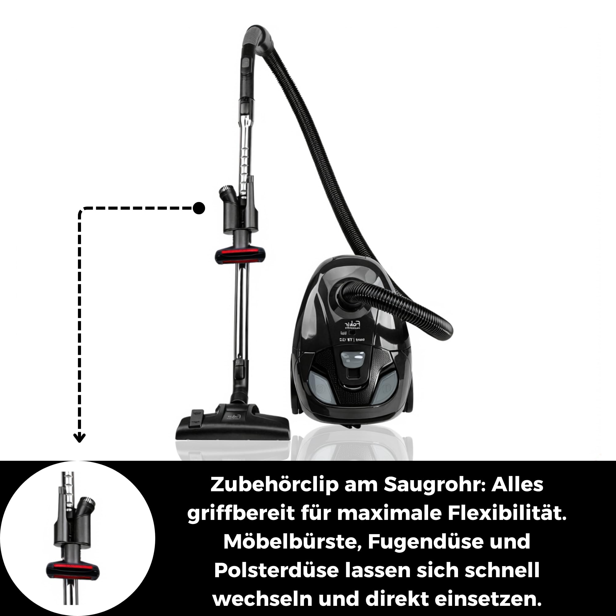 Fakir Trend TS 122 - Aspirapolvere con sacchetto, 700 W, con cavo, filtro EPA, motore silenzioso ad alta efficienza, grande sacchetto per la polvere da 2 l e raggio d'azione 7 m, colore: Nero/Grigio