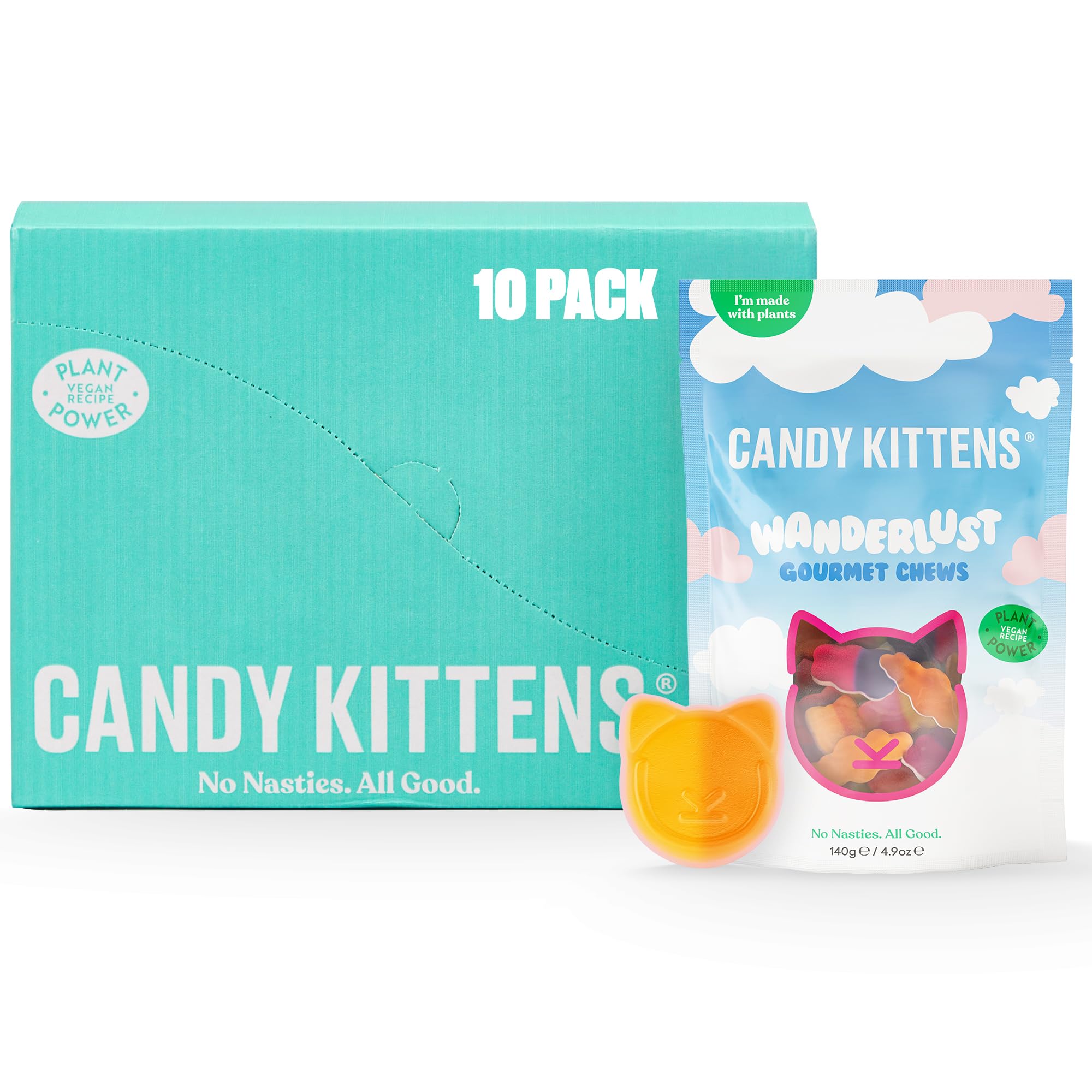 CANDY KITTENSVegan Sweets, Wanderlust (140g, Pack of 10) – Fizzy Sweets, Chewy Treats with 4 Fruity Flavors, Plant-Based Ingredients, No Nasties, Vegan Snacks for All, Made with Real Fruit Juice