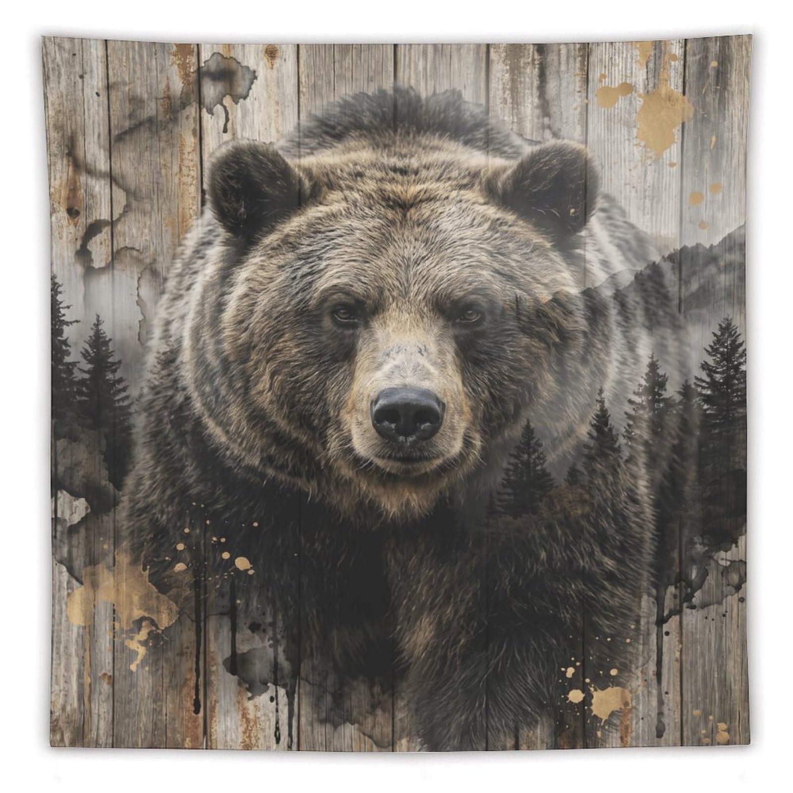 W7C8U2X3 Brown Bear Mountain Forest Wall Tapestry, Oil Painting