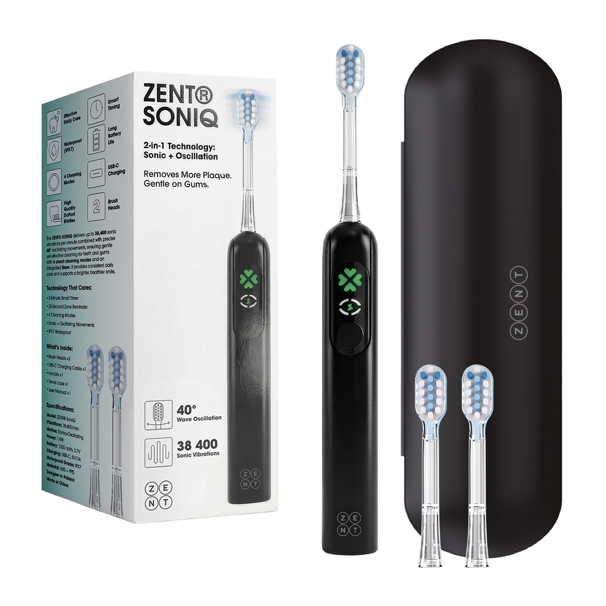ZENT SoniQ Cepillo de dientes eléctrico sónico 2en1 | Ultrasonido 38.400 VPM Oscilación, IPX7, 4 modos, cepillo electrico con LCD, estuche de viaje, cable USB-C, 30 días batería