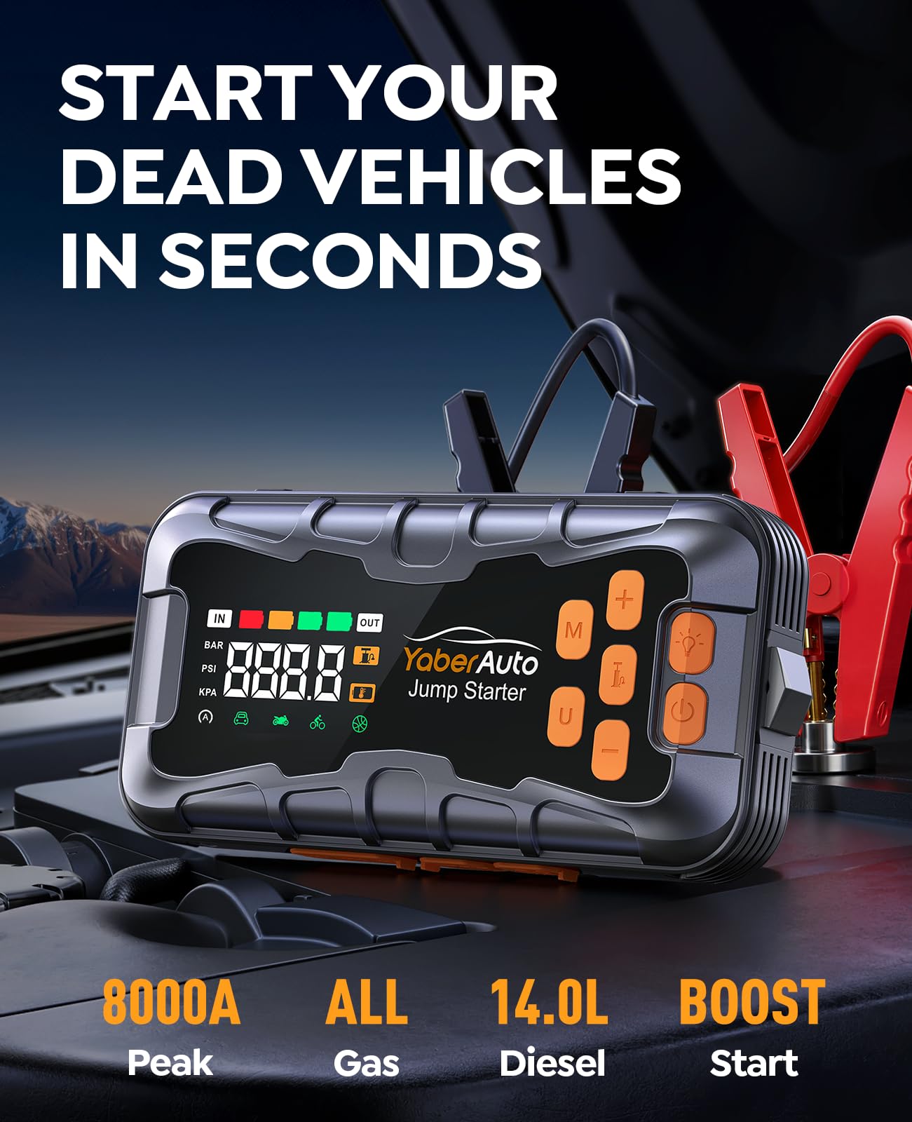 YaberAuto 16-in-1 Jump Starter with Air Compressor 8000A 160PSI Car Battery Jump Starter All Gas 14L Diesel 12V — view 2