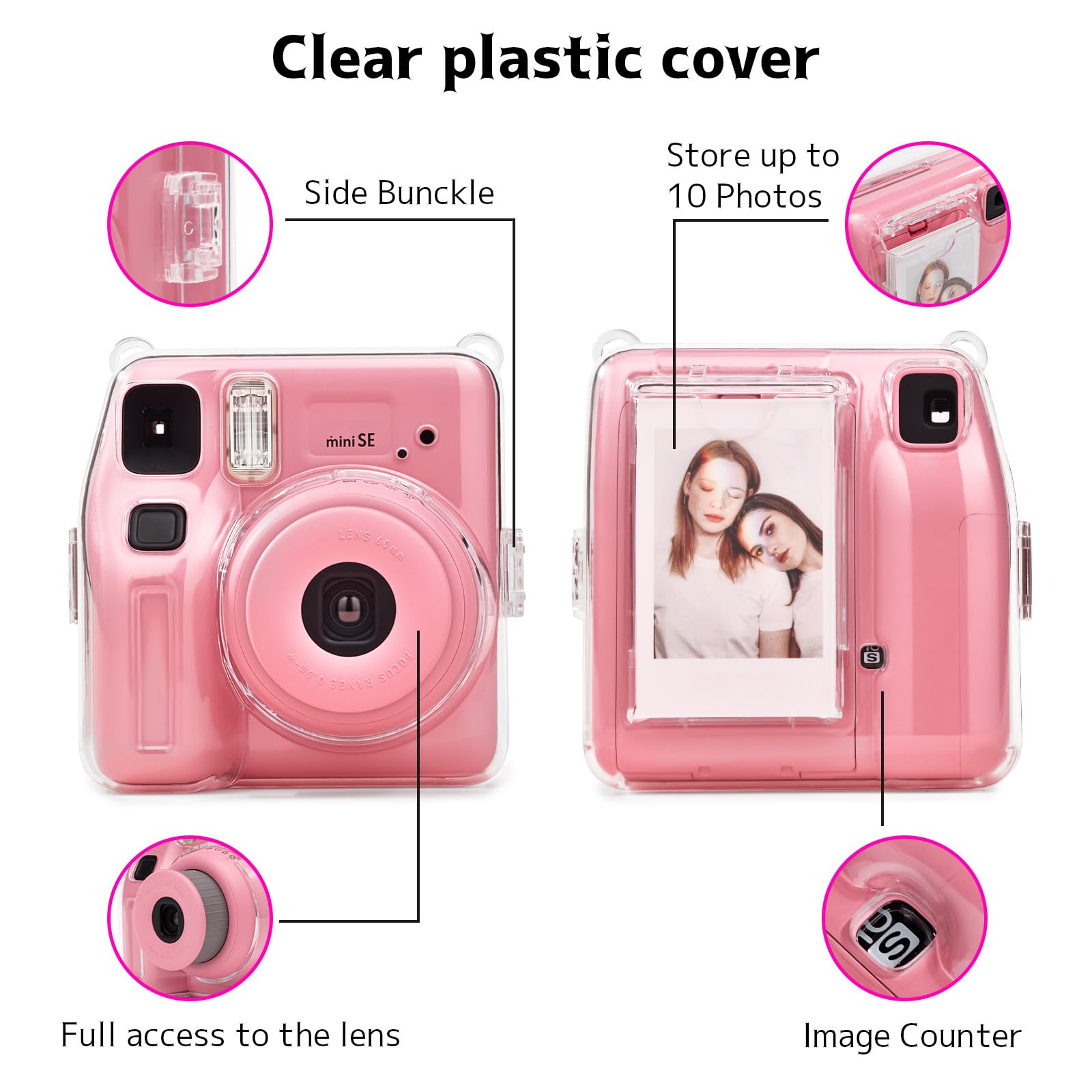 VOVMOEYA Clear Protective Case Compatible with Fujifilm Instax Mini SE,Carrying Case Bag for Fuji Instax Mini SE Instant Camera PC Cover with Photo Storage Pocket & Nylon Rainbow Strap - Image 3