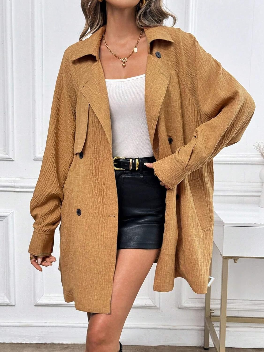 Womens Fashion Trench Outwear Loose Batwing Sleeve Mid-Length Trench Coat Jacket Coat