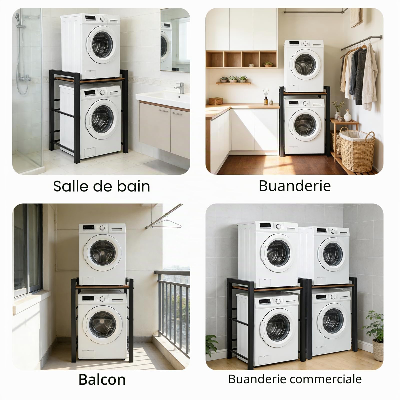 Meuble Machine à Laver, Hauteur sur 3 Positions, Etagere Machine a Laver et Seche Linge, Charge de 350kg, pour Buanderie Salon Salle De Bain, 75 x 65 x 104 cm (Noir)