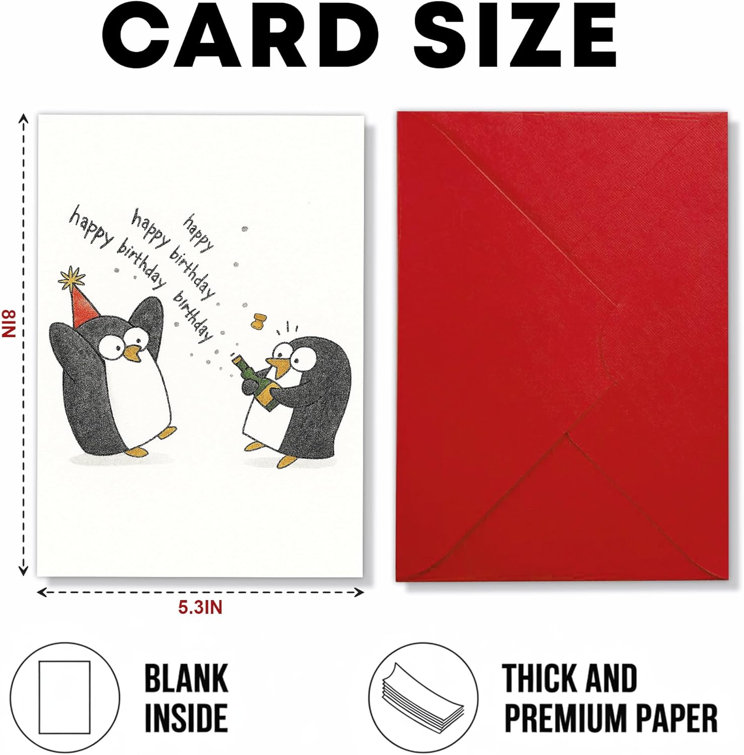 Penguin Birthday Card – Funny Birthday Penguins with Party Hats and Bottle – Happy Birthday Celebration – Perfect for Kids, Friends, Family – Blank Inside, Envelope Included – 8x5.3 Inch - Image 4