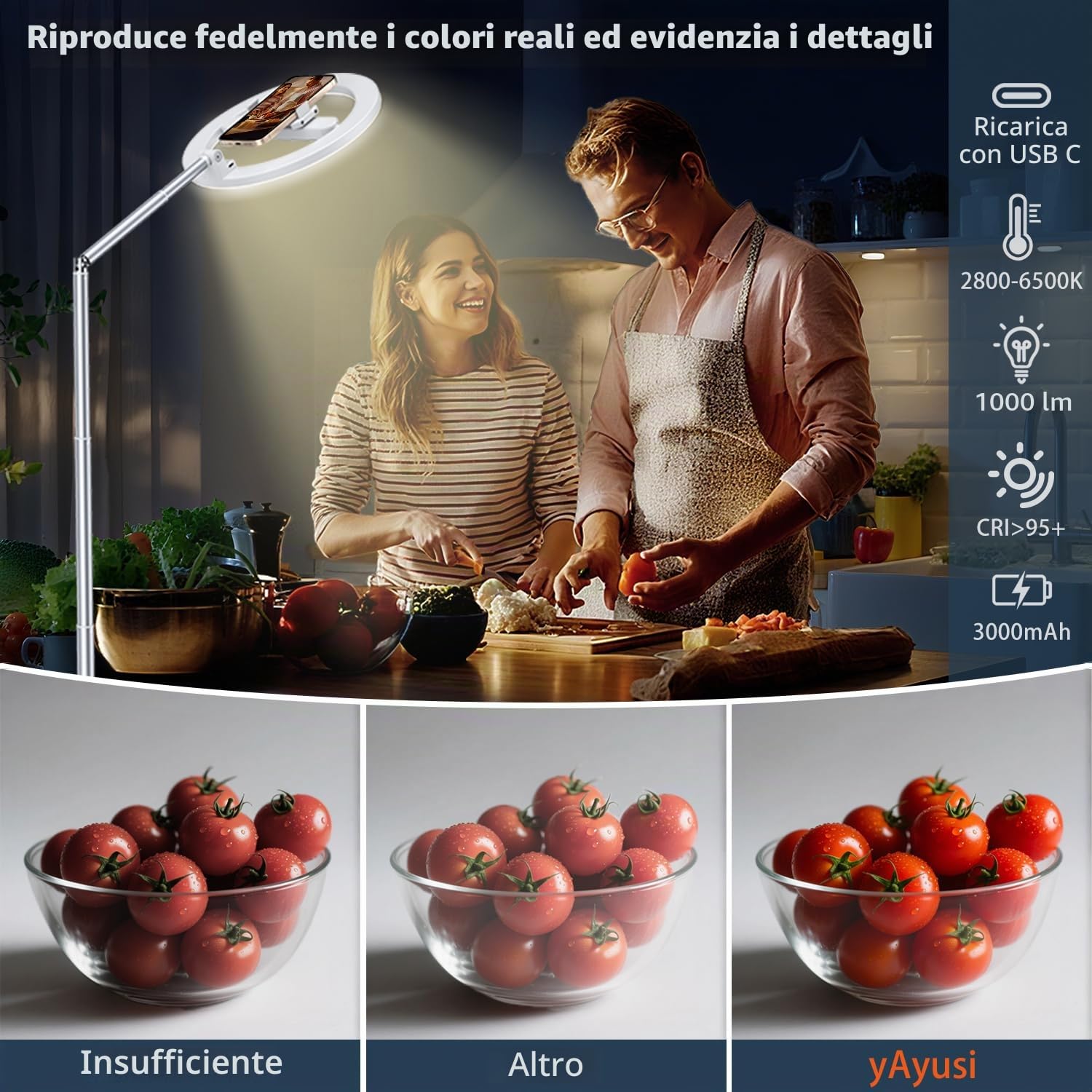 yAyusi Senza Fili Luce ad Anello con Supporto Cellulare, 174 cm Pieghevole Ricaricabile Supporto per Ring Light per Fotografia Dall'alto per Registrazione Video, Fotografia, Streaming Live, TikTok