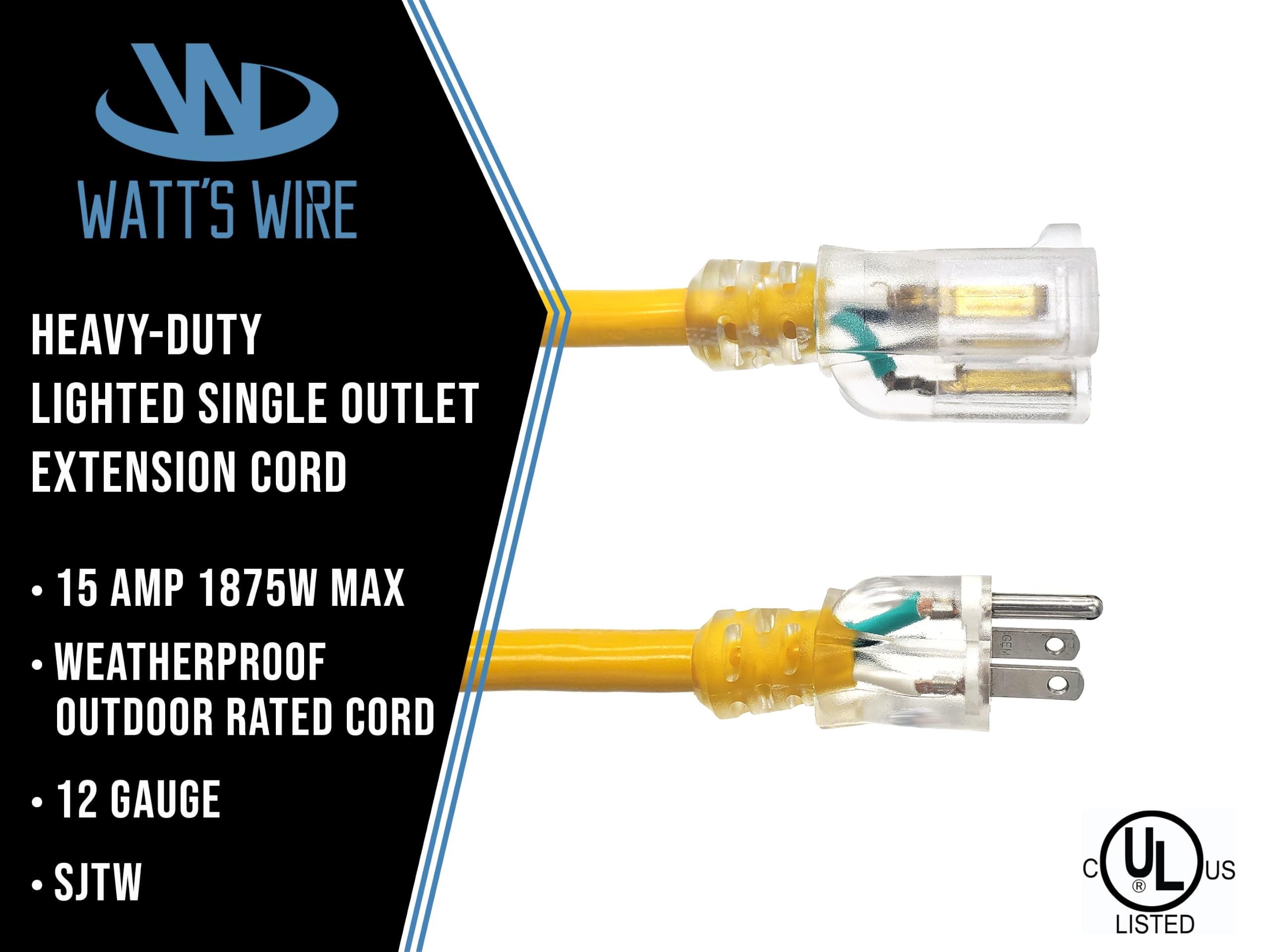 15 m 12/3 wytrzymały podświetlany SJTW wewnętrzny / zewnętrzny przedłużacz Watt's Wire - 50' 12-Gauge uziemiony 15-A przewód zasilający (50 stóp 12-AWG)