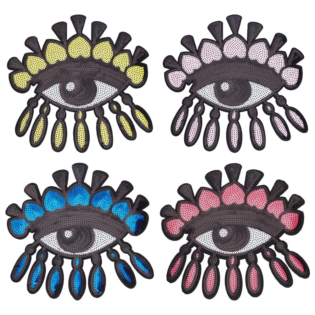 INFUNLY 4PCS Evil Eyes Sequin Applique Patches Iron on Embroidery Patches DIY Applique Eye Patches with Tassel for DIY Jeans Jacket Women's Clothing Handbag Caps Shoes Decorative