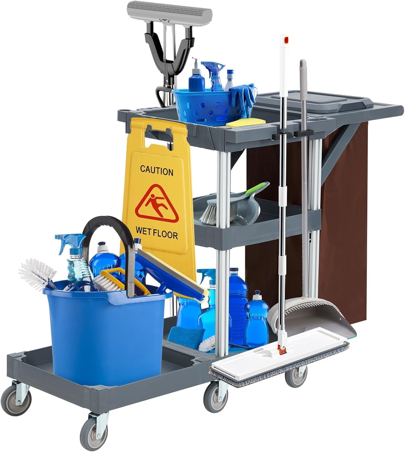 Carrello Pulizie Professionale a 3 Ripiani, Carrello per Pulizie Commerciali con Sacco in Vinile da 95L e Struttura Robusta, 6 Ruote Silenziose – Ideale per Hotel, Ristoranti, Scuole e Ospedali