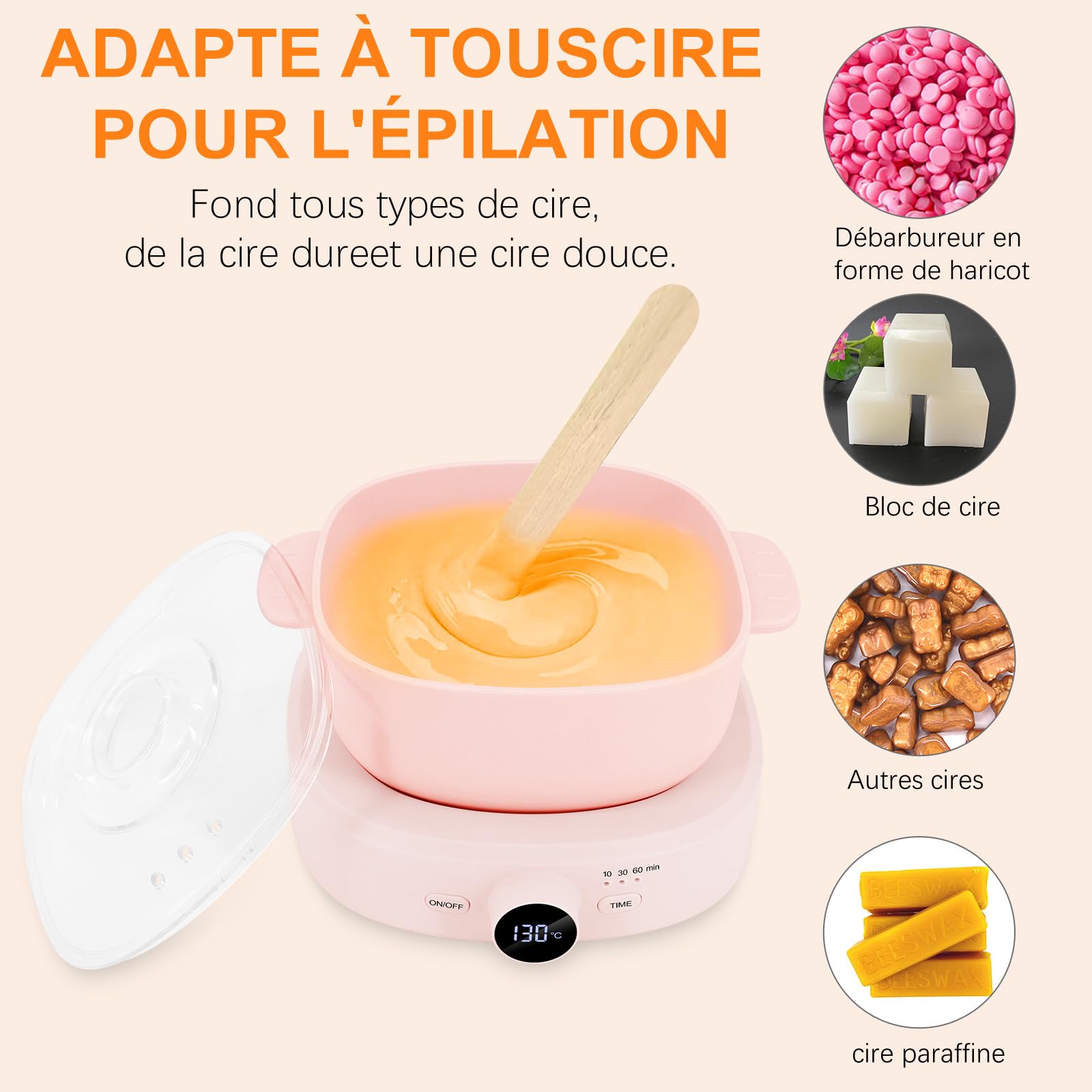 Riscaldatore per cera, depilazione professionale, temperatura regolabile, macchina per cera, depilazione, dispositivo per cera, con temporizzatore, per tutte le perle di cera calda (rosa)