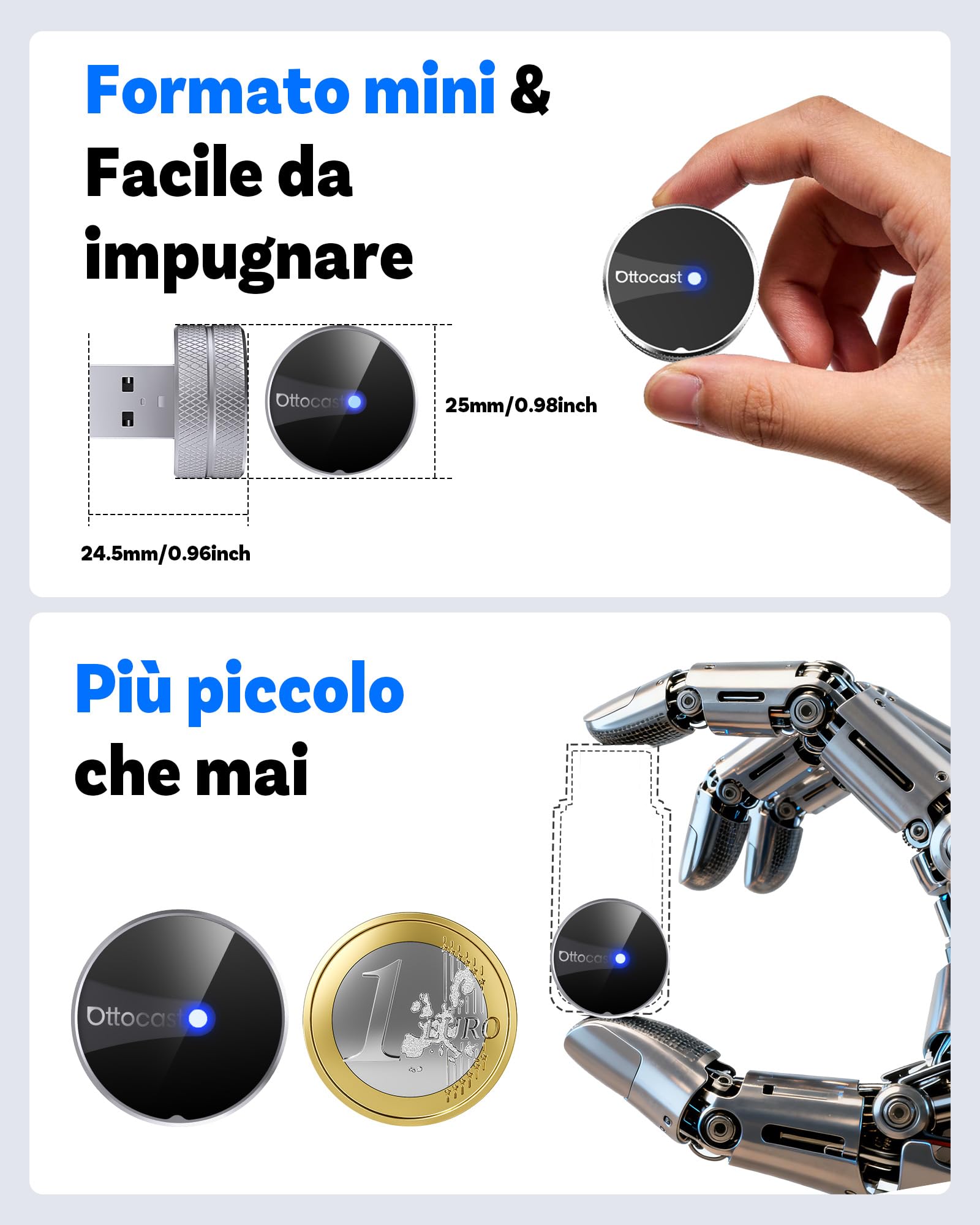 OTTOCAST Mini Tube 2026, Adattatore Wireless CarPlay & Android Auto, Connessione in 5-8s, USB-A/Type-C, Aggiornamento OTA, iOS 10+/Android 11+, Compatibile Auto dal 2016 (No BMW/Tesla)
