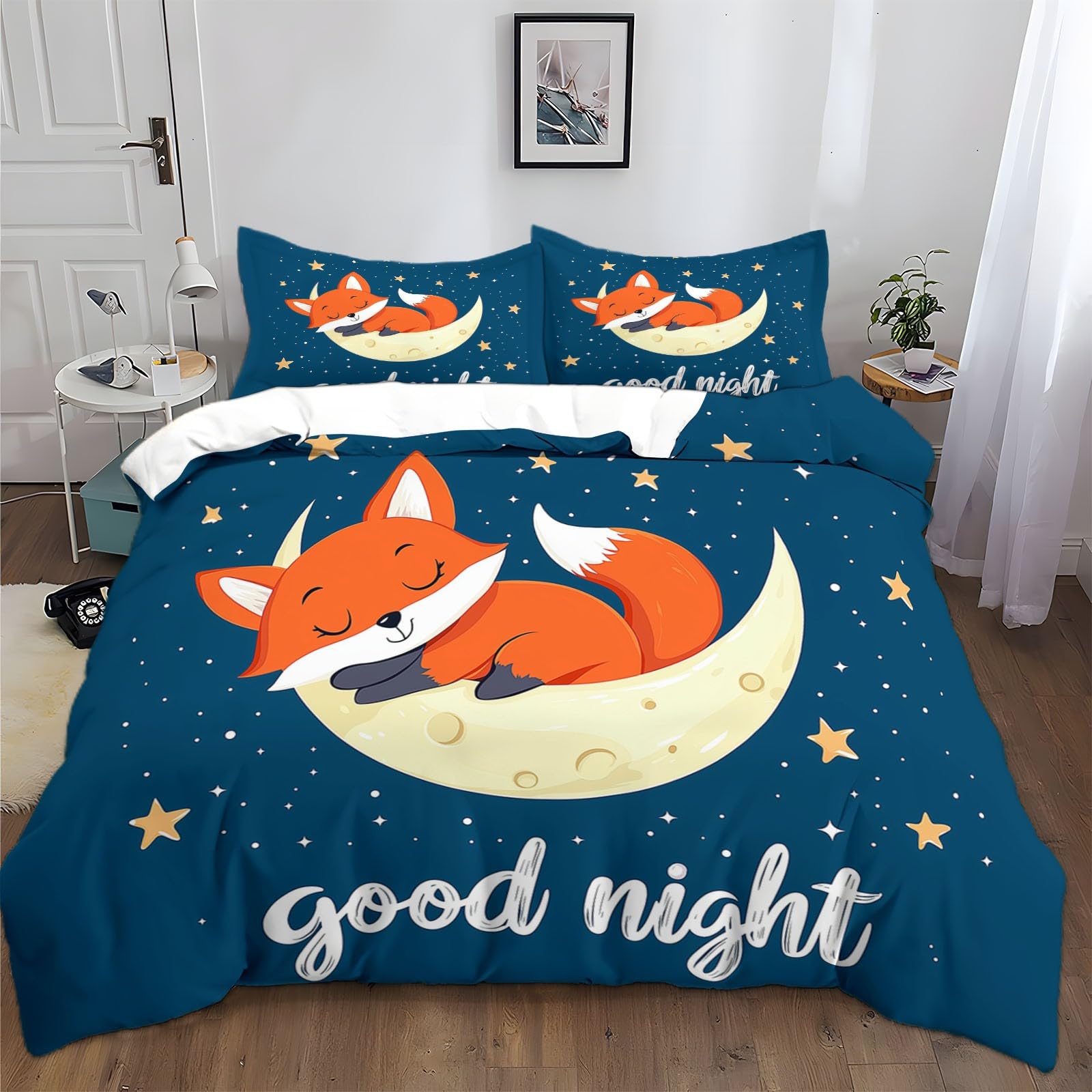 Housse de Couette 220x240 Renard Bleu Anti Glissement Lit Facile Fermeture Éclair