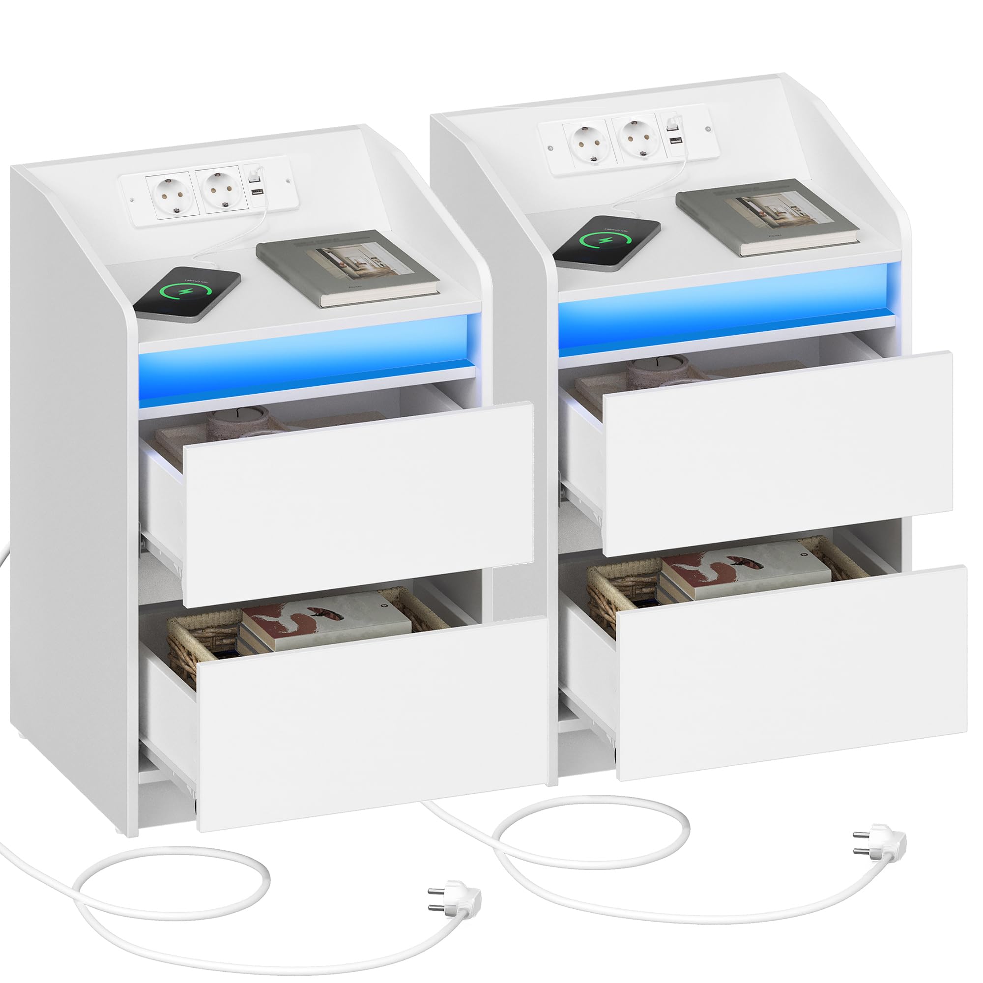 Hzuaneri Mesitas de Noche Juego de 2 con Luces LED, Estación de Carga y 2 Cajones, Mesa Auxiliar con Puertos USB y Enchufes de Energía, Ideal para Sala de Estar y Dormitorio, Blanco NS30103X