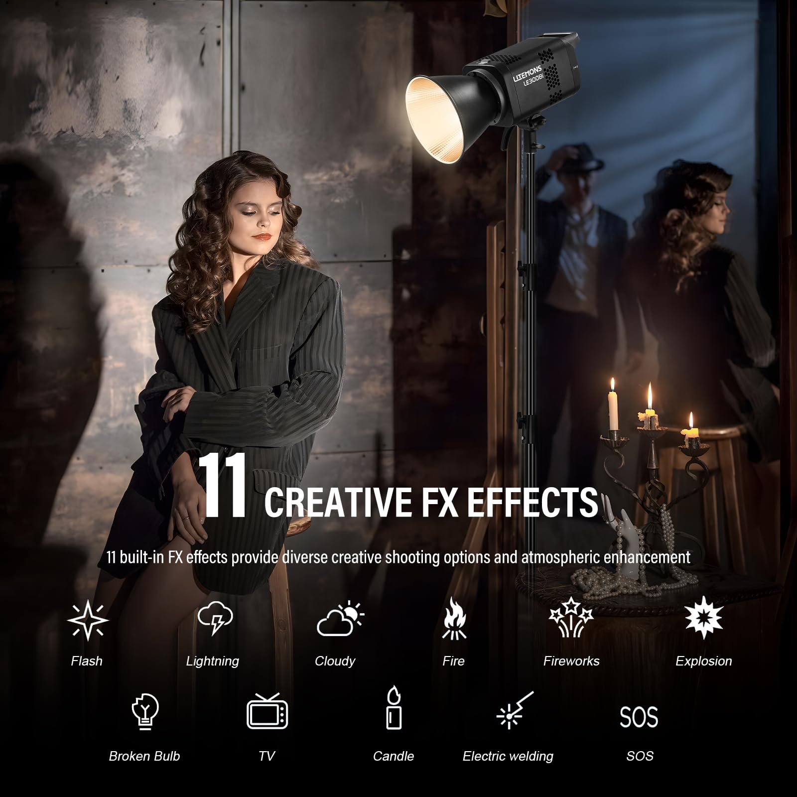 Godox Litemons LE300Bi LE300 Bi Luz Continua LED Video Light 320W 2800K~6500K 58900 Lux/1m TLCI/CRI≈98 Control Bluetooth 11 Efectos FX Montura Bowens Luz de Vídeo para Vlogging Live Youtube (Negro)
