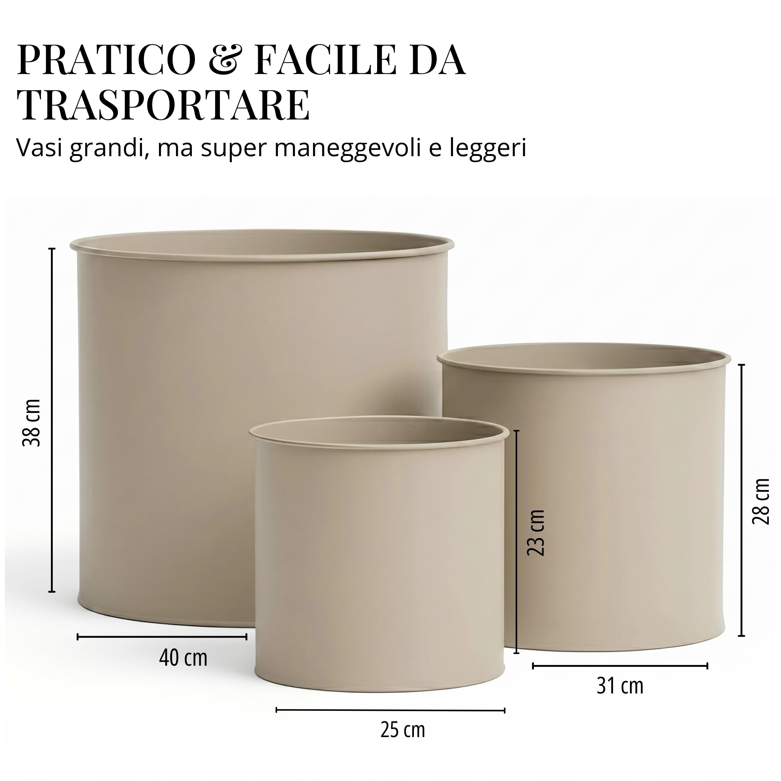 Livlig53 Set di vasi da fiori in metallo, vaso da 25 cm di diametro e sovravaso da 30 cm di diametro e sovravaso da 40 cm di diametro, grande vaso per piante da esterno e da interno, prodotto in