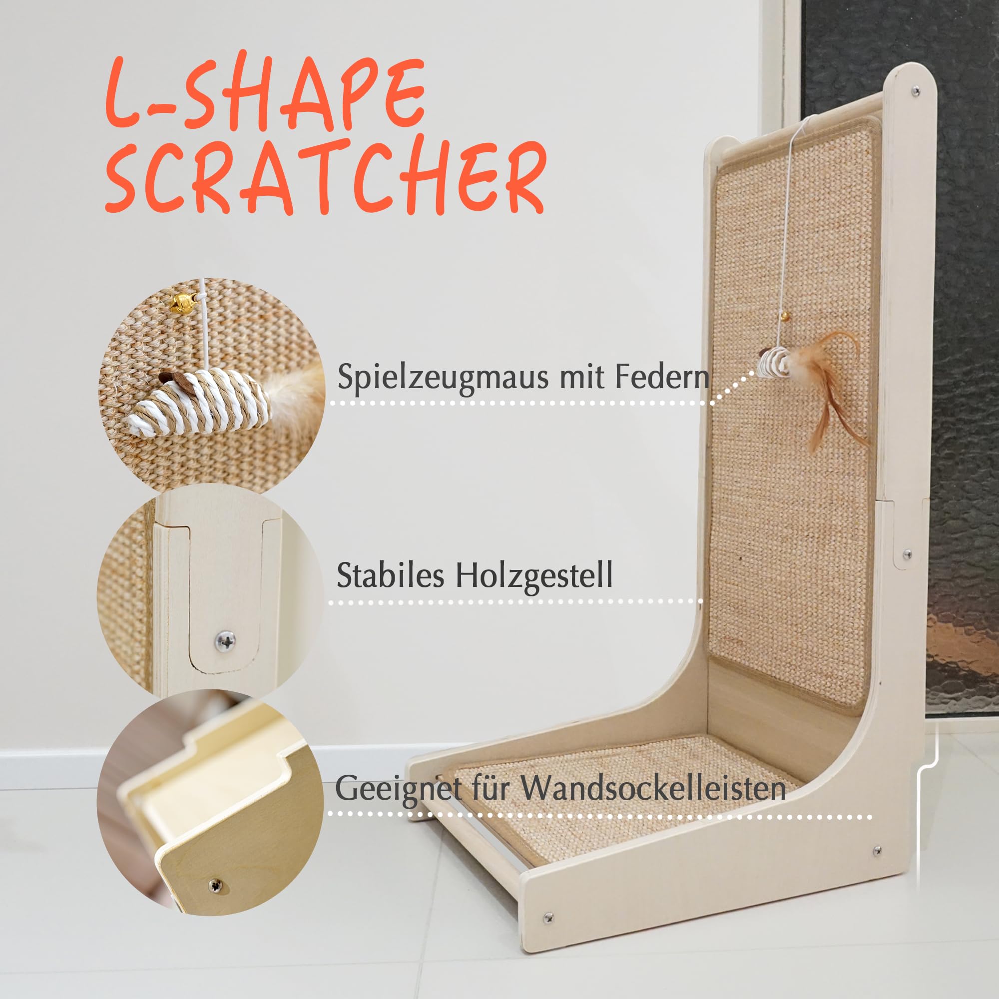Katzenkratzbrett, Sisal-Kratzmatte, L-förmiges Kratzbrett für Wohnungskatzen, Bodenmontierter Kratzer mit Spielzeugmaus und Katzenminze