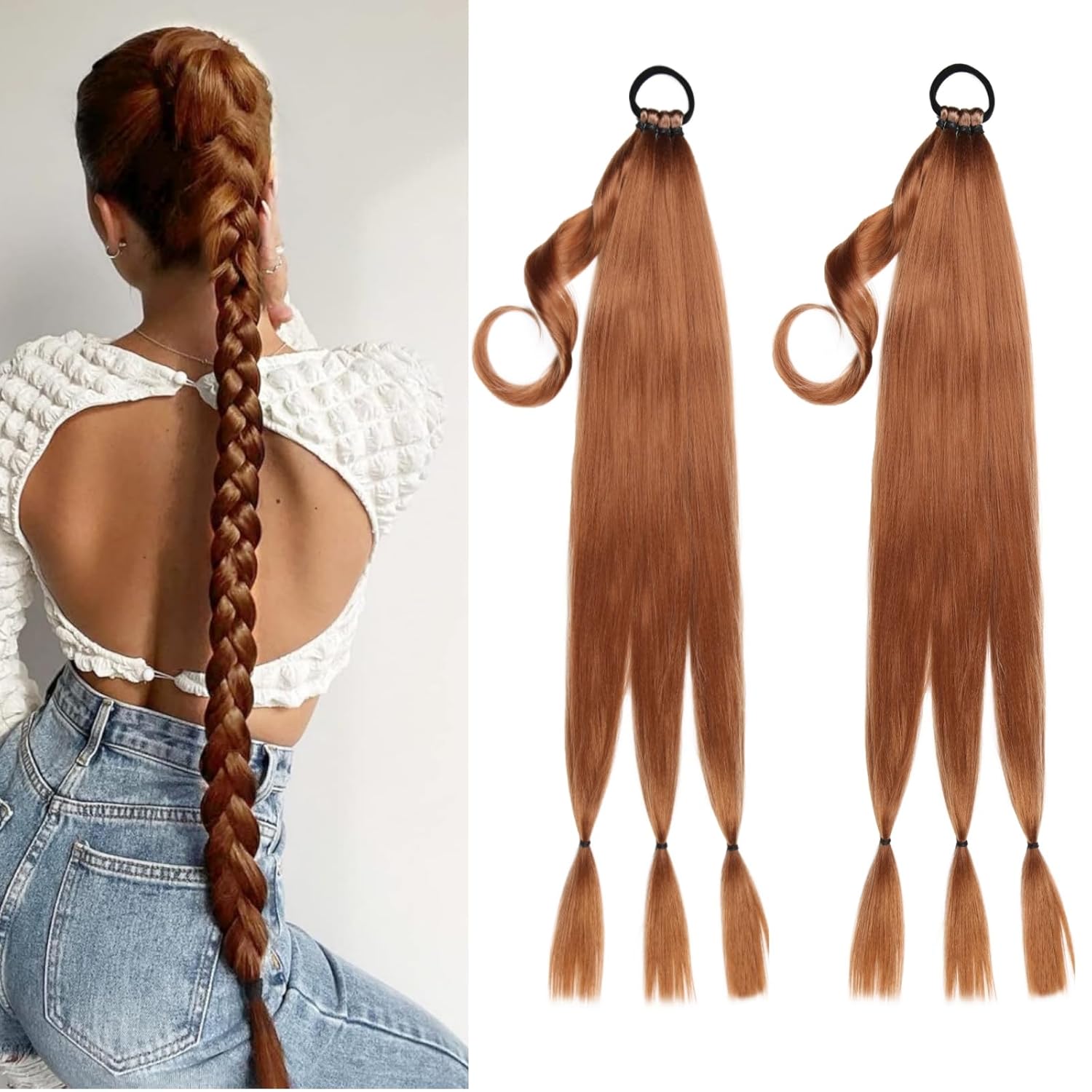 2 Packs 30# DIY Braiding Hair Ponytail Extensions for Women 30Inch Hairpieces High Temperature Synthetic Hairextensions with Elastic Tie Wrap Around Pony Tail Hair