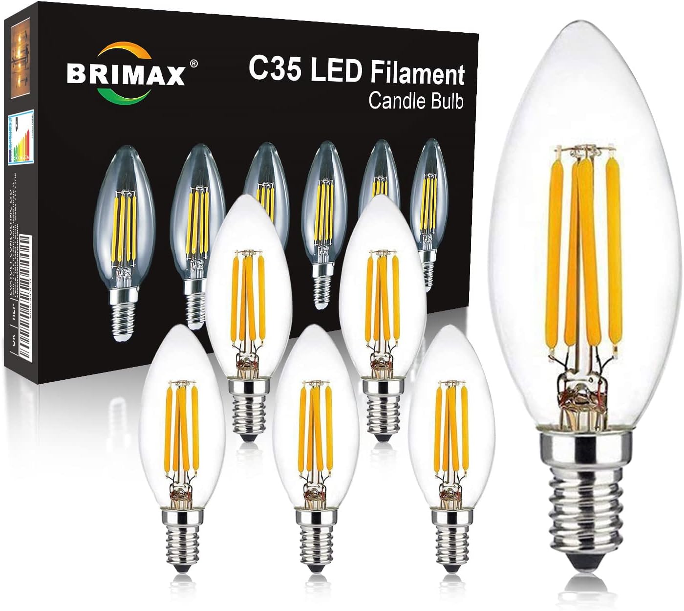 BRIMAX 4W E12 Candelabra Led Bulbs Dimmable, 40 Watt Equivalent, 2700K Warm Glow, C35 B11 Filament Led Candle Light Bulbs for Foyer Chandeliers, Celling Fans and Other Wall Fixtures, 6Pack