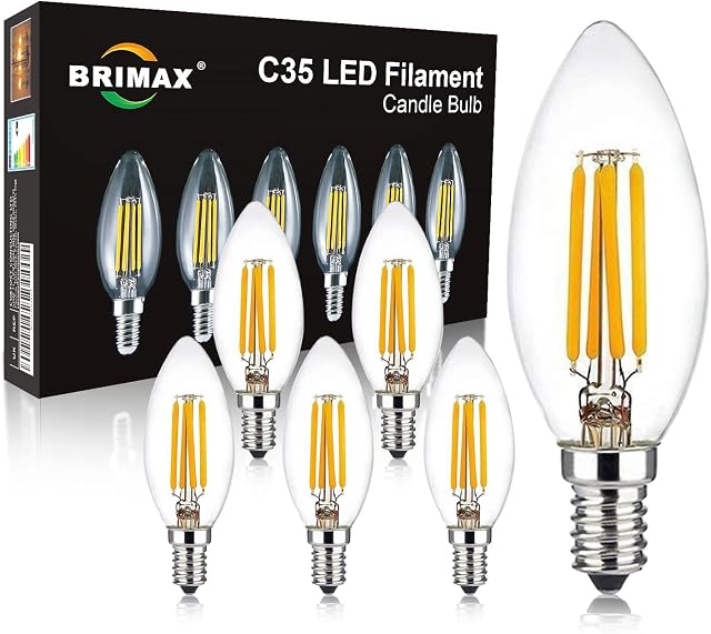 BRIMAX E14 LED Candle Bulbs Dimmable 4W, 40W Equivalent, Soft Warm White 2700K, 400lm, Small Edison Screw SES Chandelier Bulbs, C35 Vintage Filament Energy Saving Candelabra Bulb, 6Pack