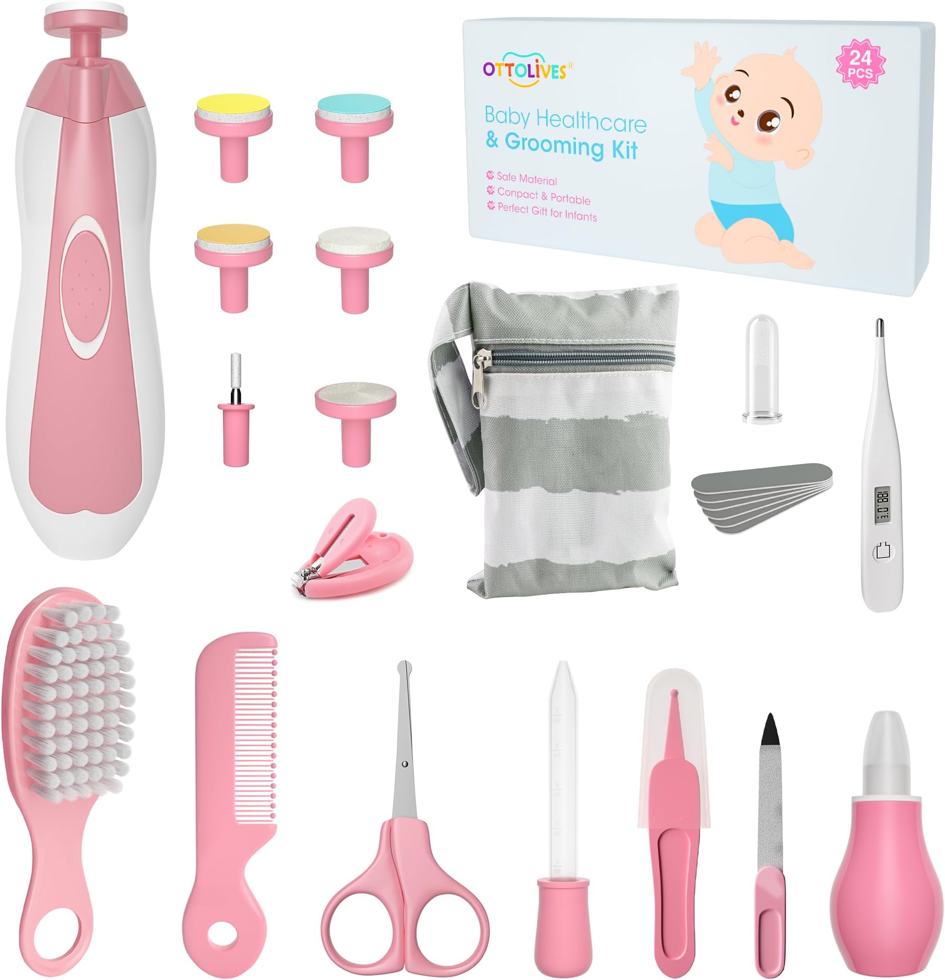 OTTOLIVES Baby Healthcare and Grooming Kit, 24 in 1 Baby Electric Nail Trimmer Set Newborn Nursery Health Care Set for Newborn Infant Toddlers Baby Boys Girls Kids Haircut Tools (0-3 Years+) (Pink)