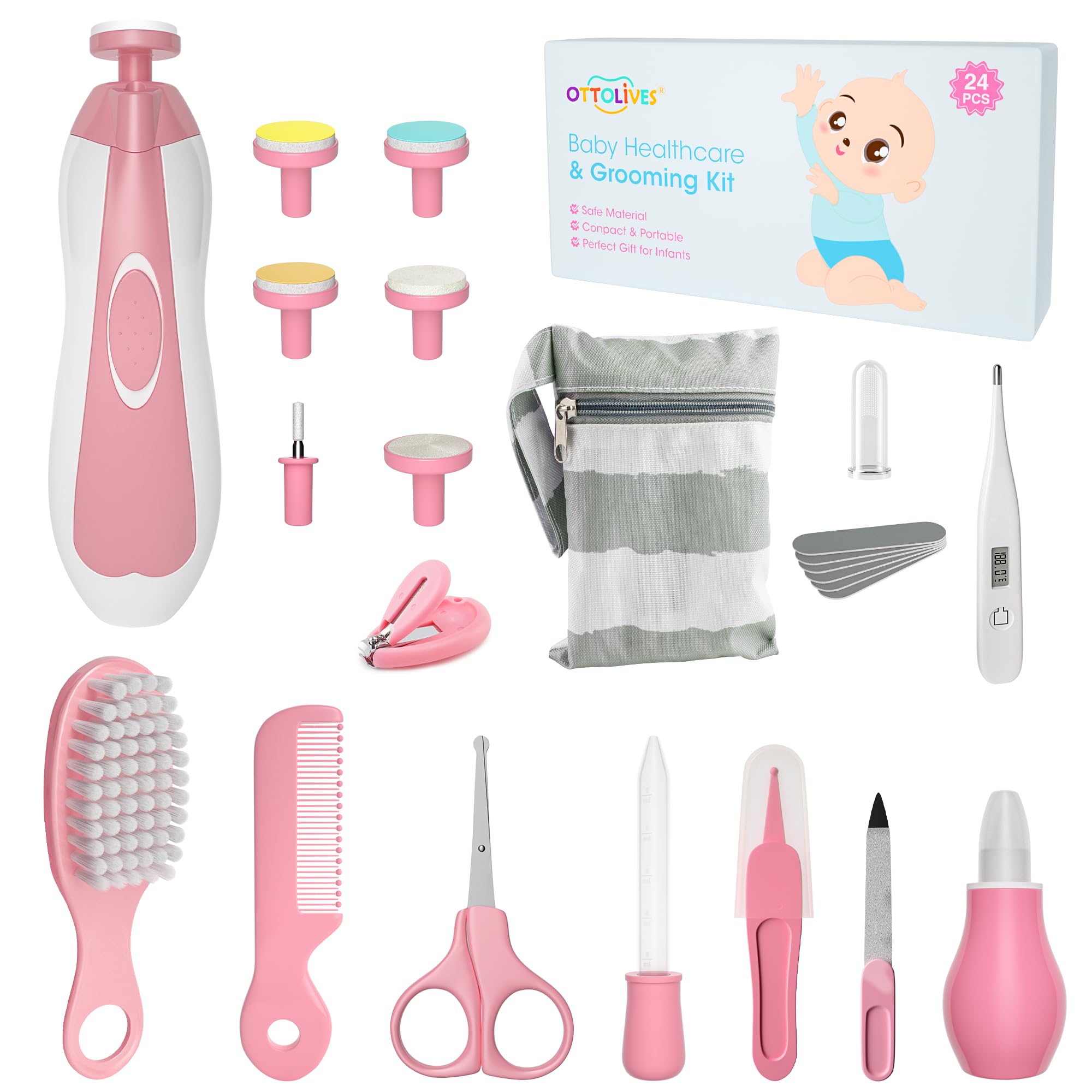 OTTOLIVES Baby Healthcare and Grooming Kit, 24 in 1 Baby Electric Nail Trimmer Set Newborn Nursery Health Care Set for Newborn Infant Toddlers Baby Boys Girls Kids Haircut Tools (0-3 Years+) (Pink)