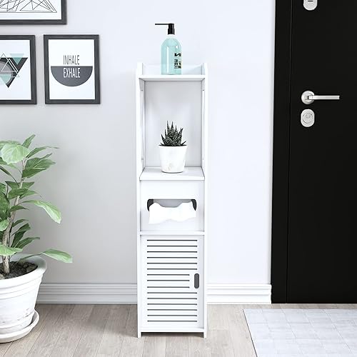 Miniatura 5 de Armario de almacenamiento pequeño para baño estante de papel higiénico con puertas y caja de rejillas estante abierto multifuncional fácil de montar