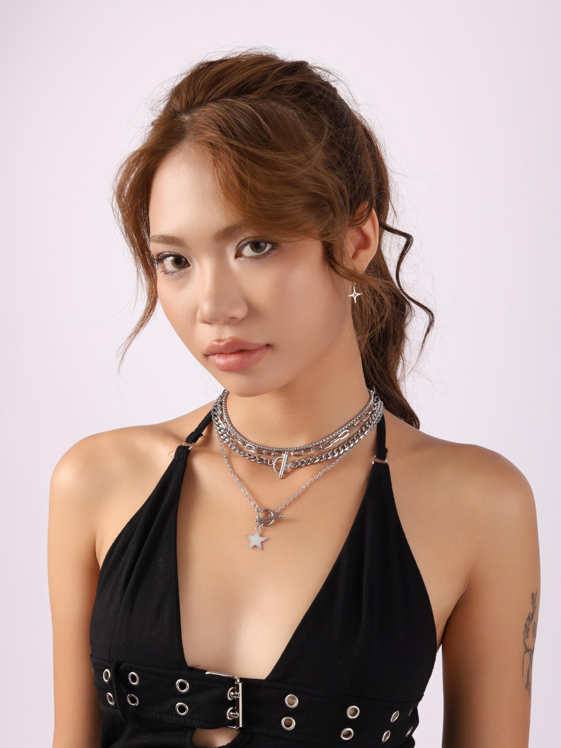 Sacina Goth Layered Star Choker Necklace, Gothic Punk Grunge Emo Necklace, Christmas Jewelry Gift for Women: Silver