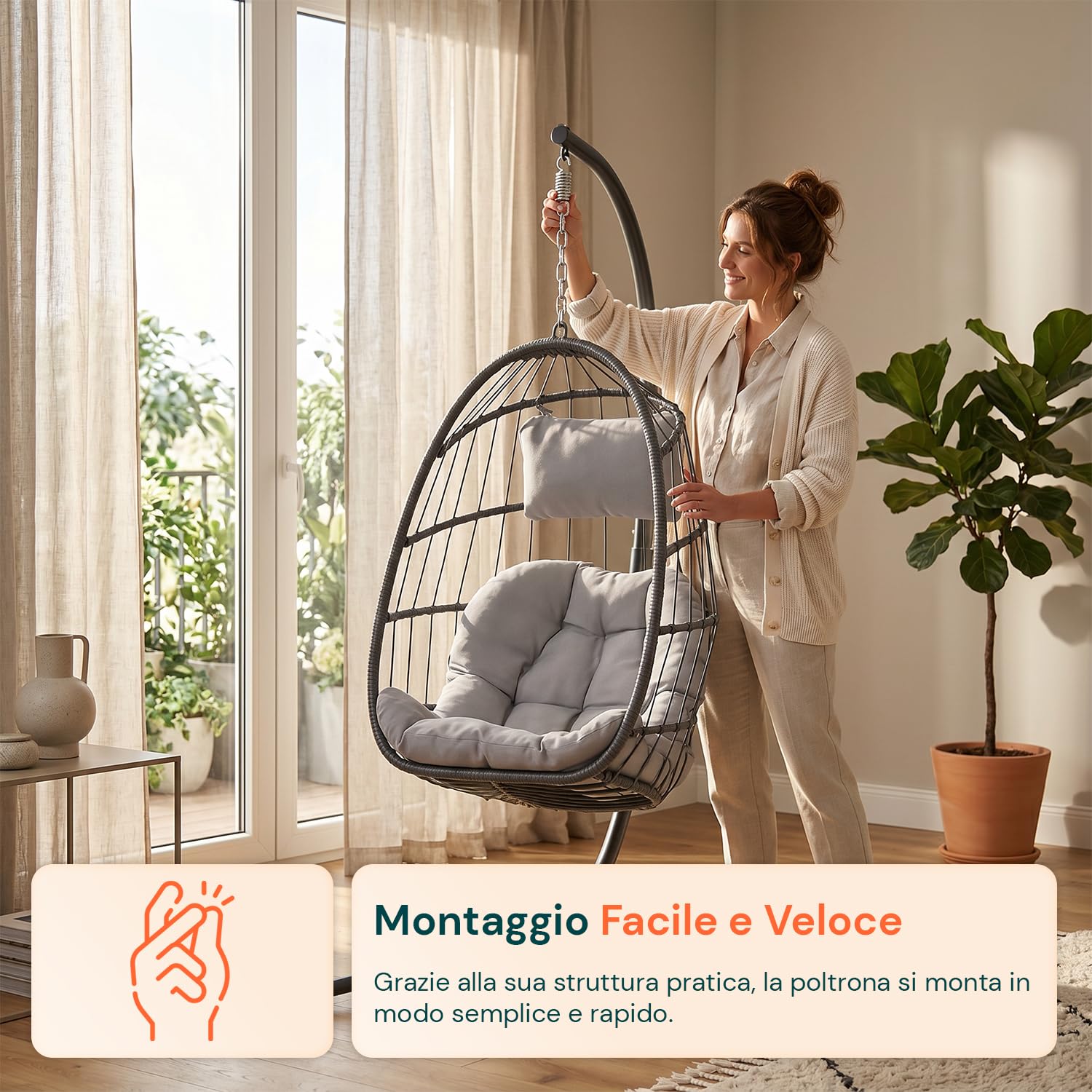 Poltrona Sospesa da Giardino a Uovo Pieghevole – Rattan Sintetico, Acciaio Zincato 192 cm, 160 kg | Sedia a Dondolo Sospesa con Cuscini Antracite, Interno ed Esterno, 75×10×103,5 cm chiusa