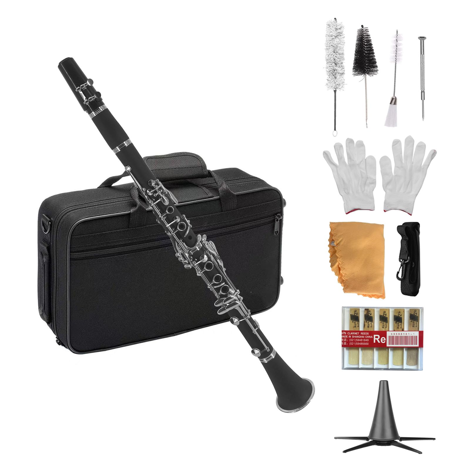 Btuty Clarinetto in ABS, binoculare, clarinetto Sib, 10 fogli, clarinetto soprano, piatto, con guanti detergenti, astuccio, strumento a fiato per principianti