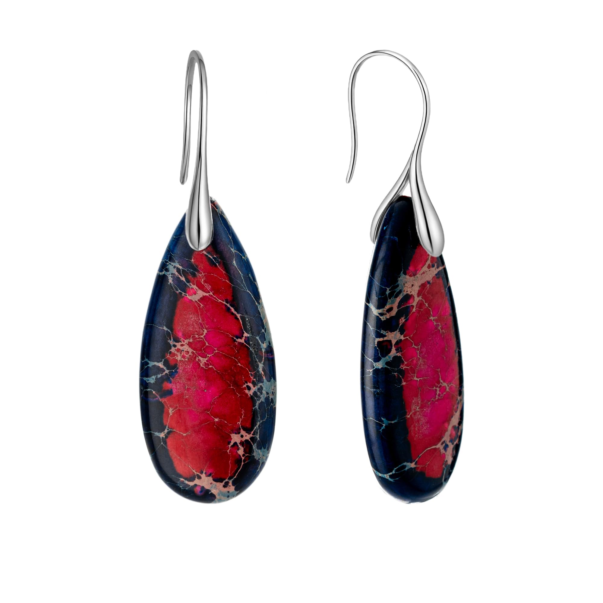925 Sterling Silver Natural Imperial Jasper Dangle Drop Earrings, Waterdrop Shape, Boho Style